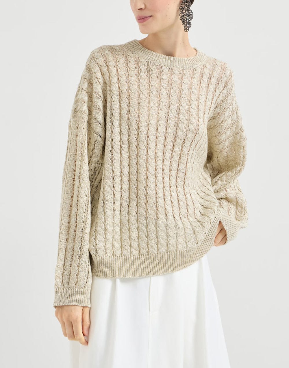 Brunello Cucinelli 린넨 다즐링 케이블 오픈워크 스웨터