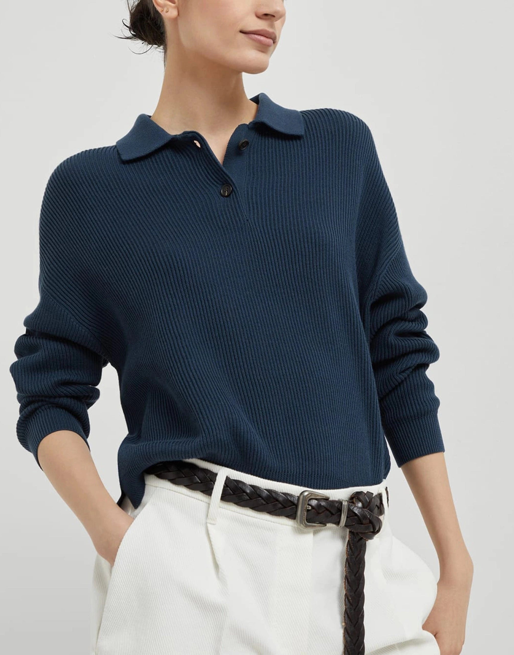 Brunello Cucinelli Monili-Embellished Rib Knit Polo Shirt
