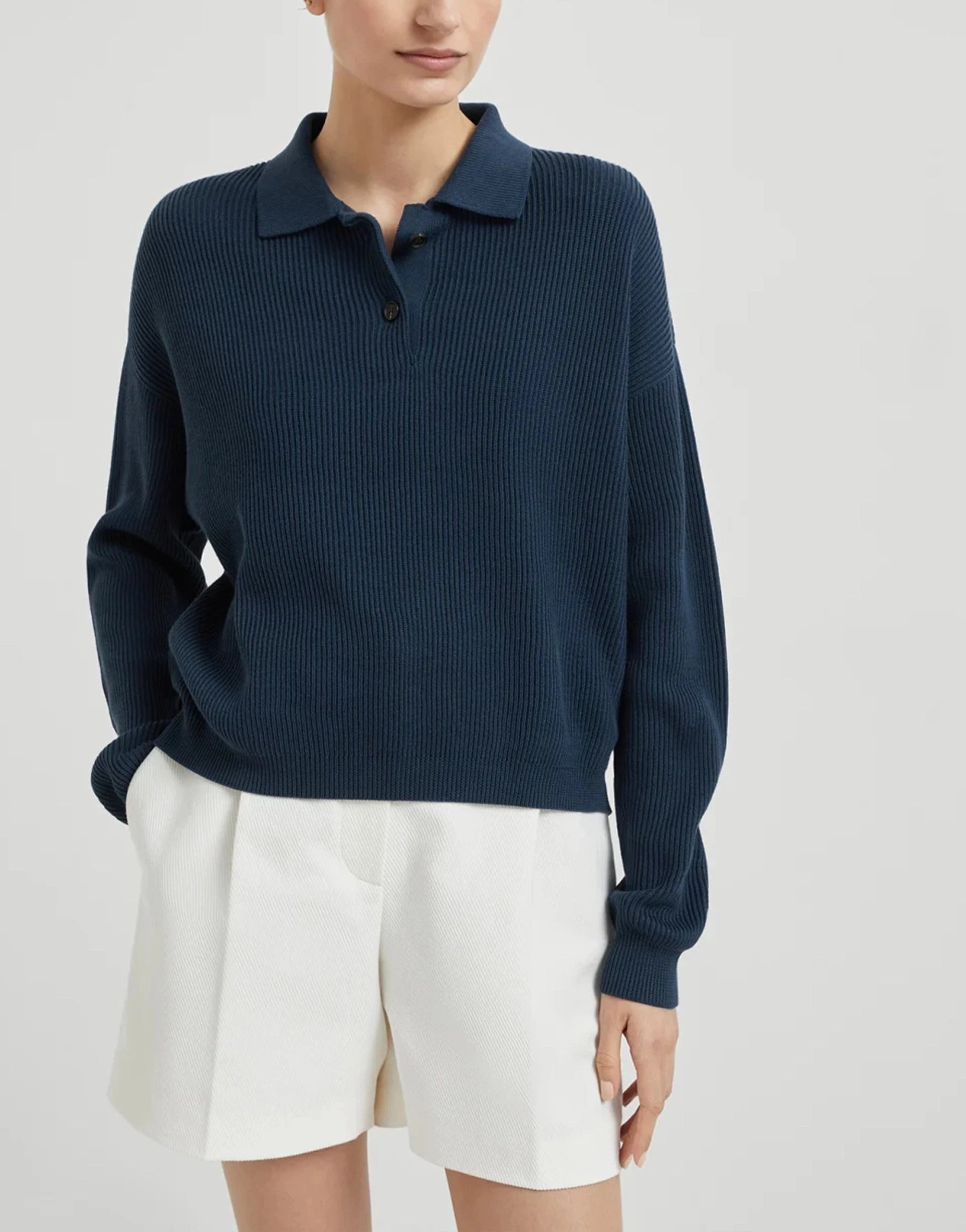 Brunello Cucinelli Monili-Embellished Rib Knit Polo Shirt