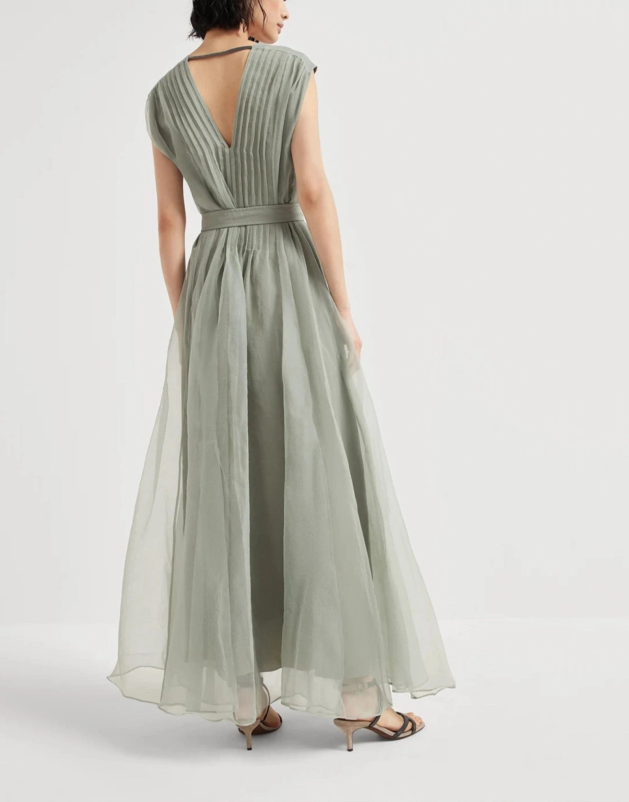 Brunello Cucinelli Monili Pleated Silk Belted Dress