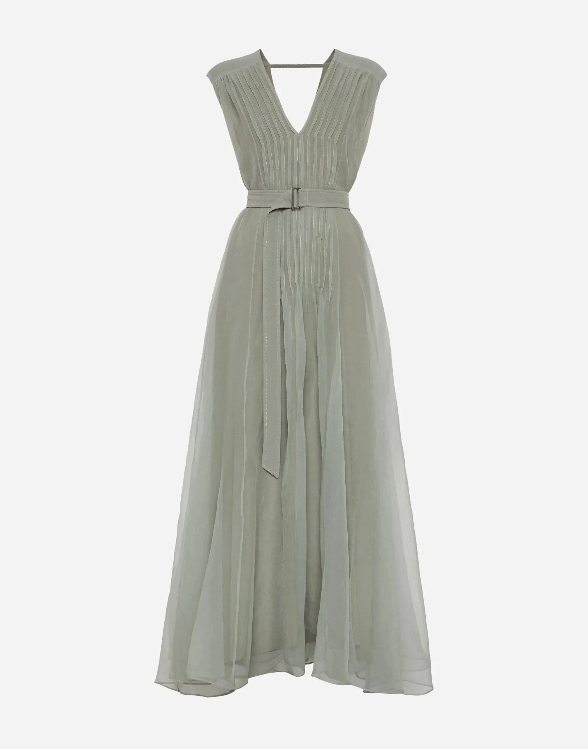 Brunello Cucinelli Monili Pleated Silk Belted Dress