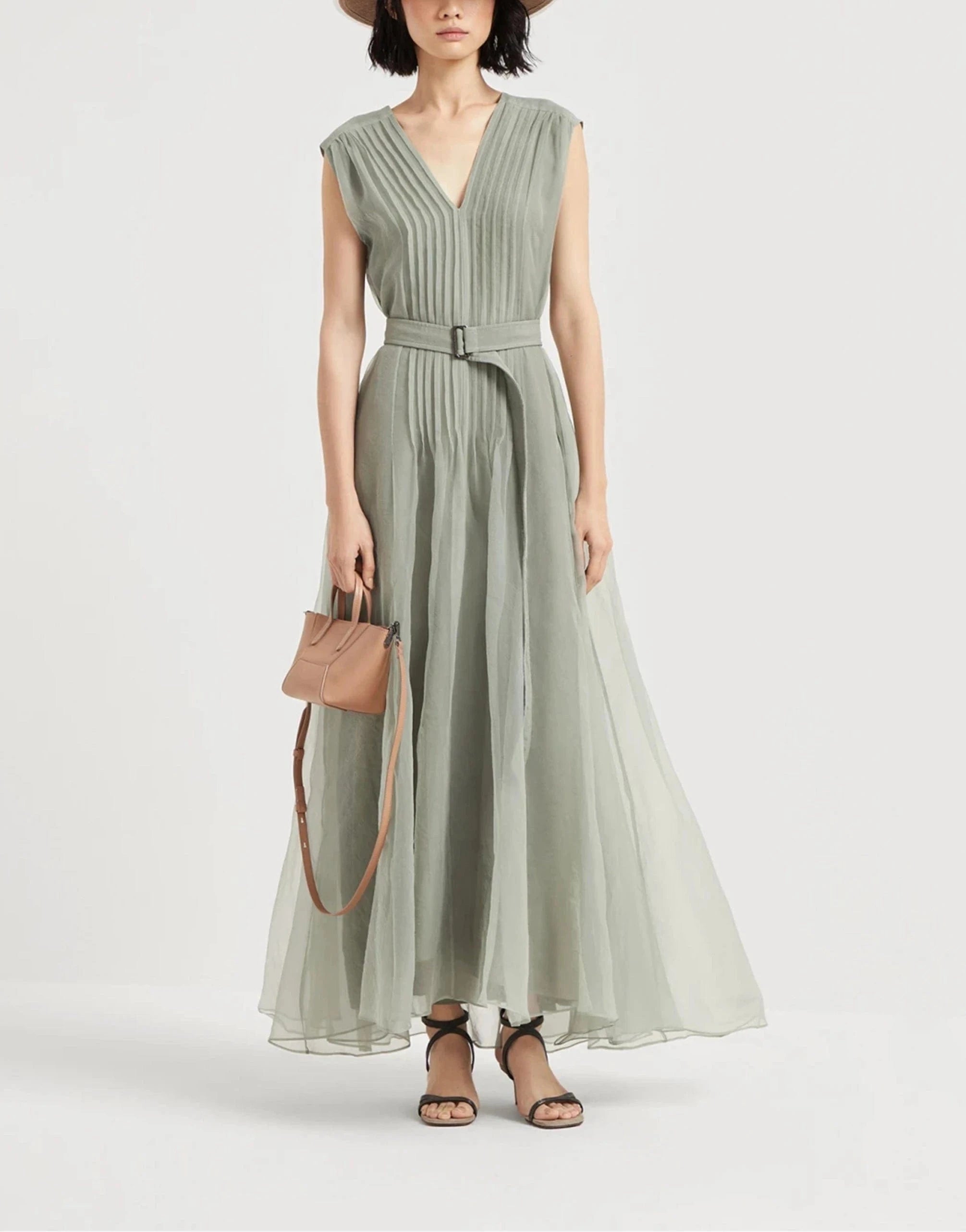 Brunello Cucinelli Monili Pleated Silk Belted Dress