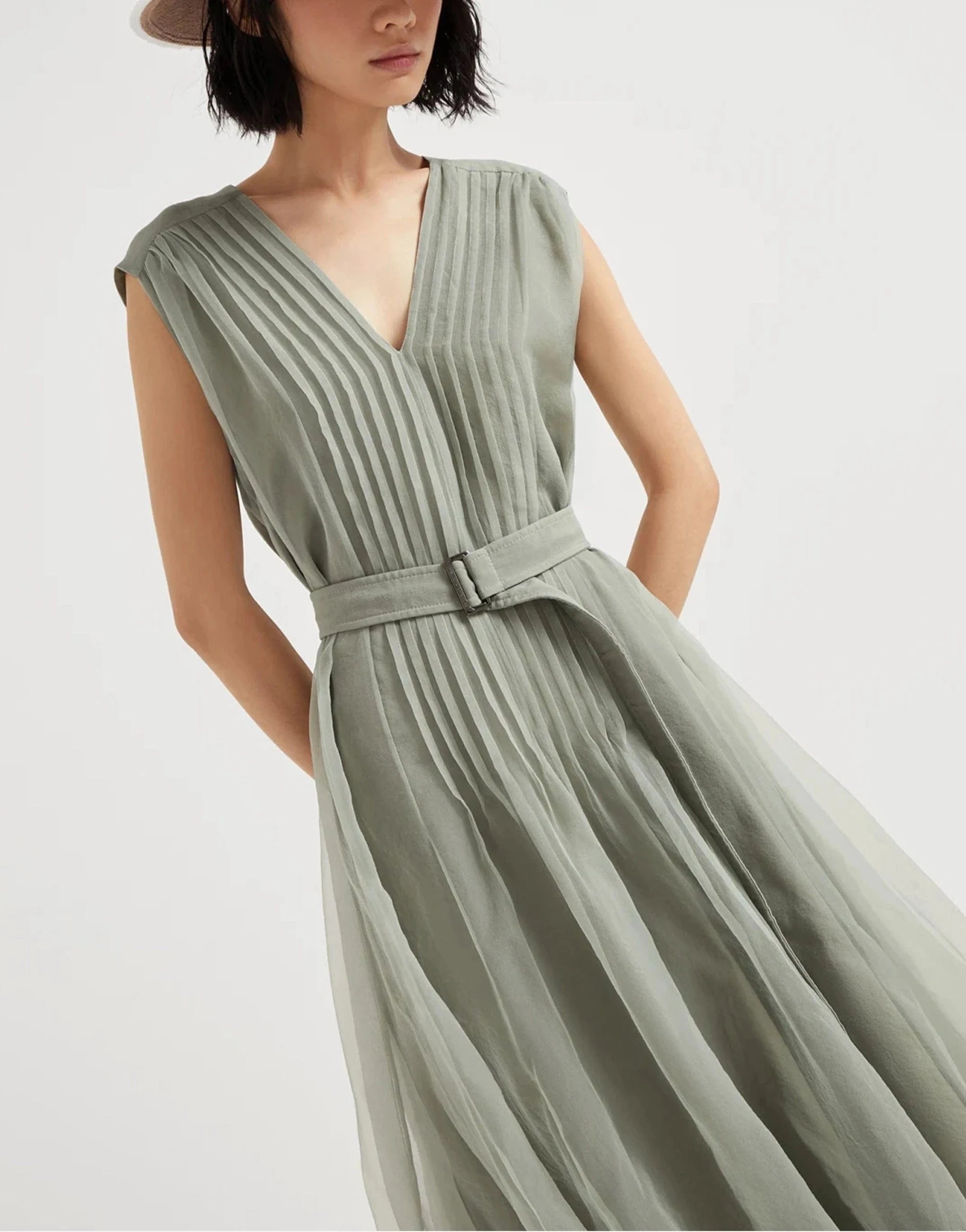 Brunello Cucinelli Monili Pleated Silk Belted Dress