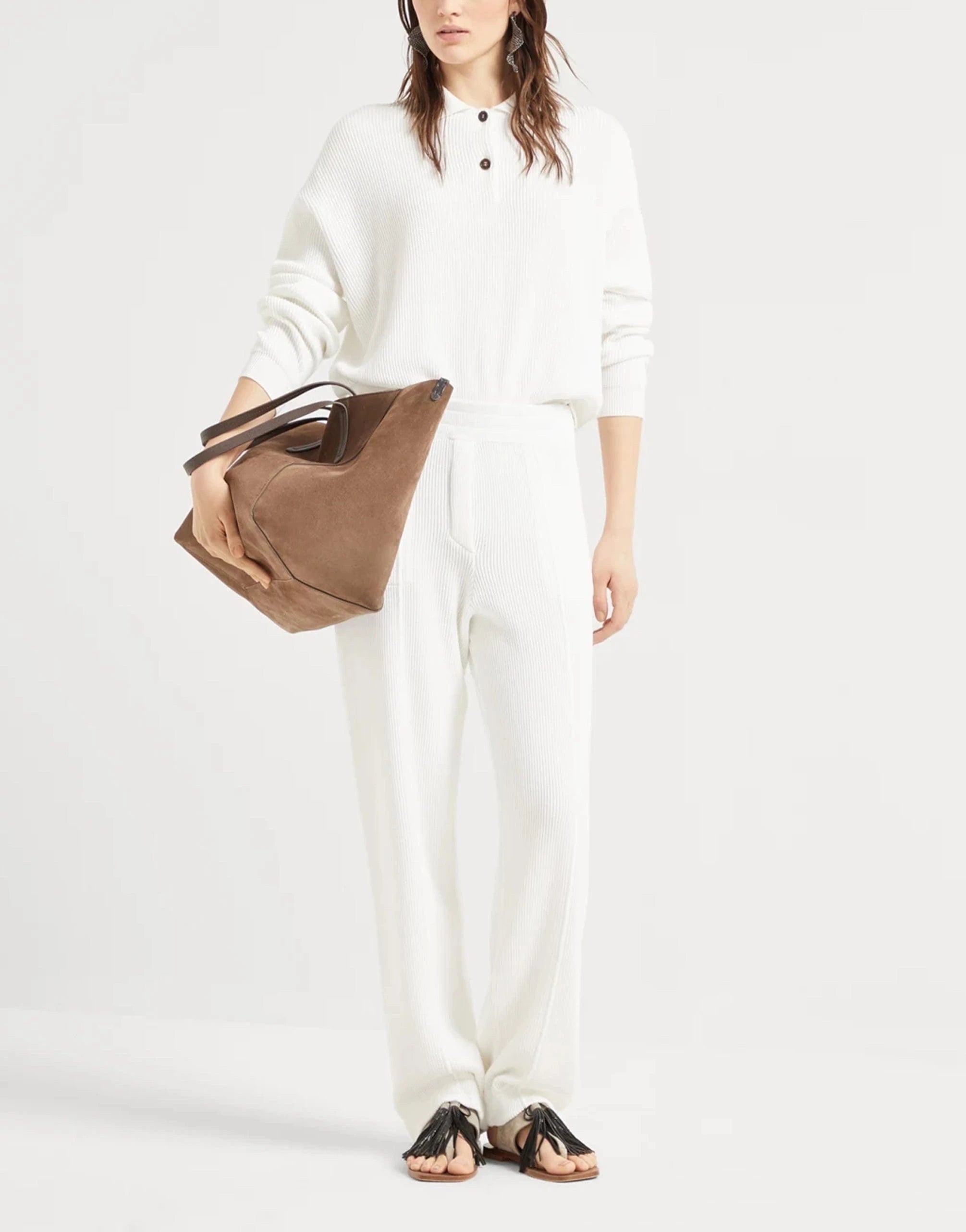 Brunello Cucinelli Monili-Trim Rib Knit Polo Shirt