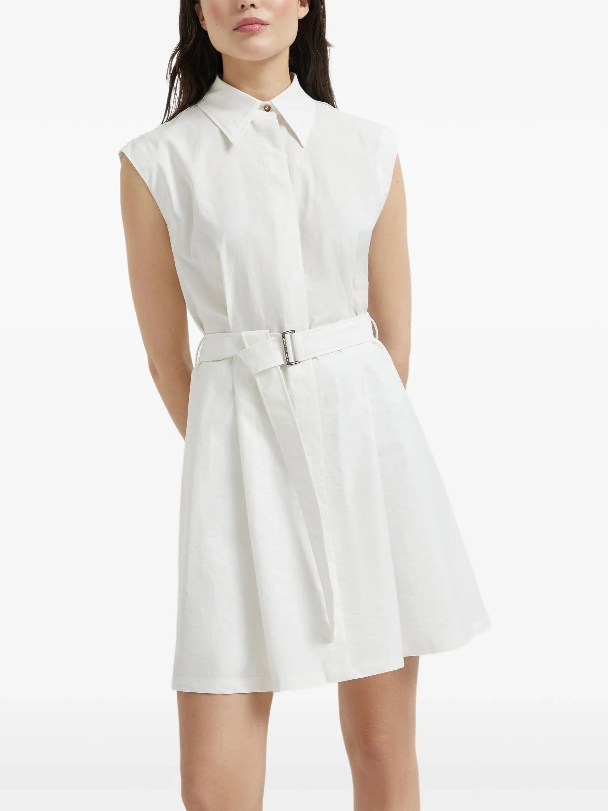 Brunello Cucinelli Monili-Trim Twill Belted Mini Shirt Dress