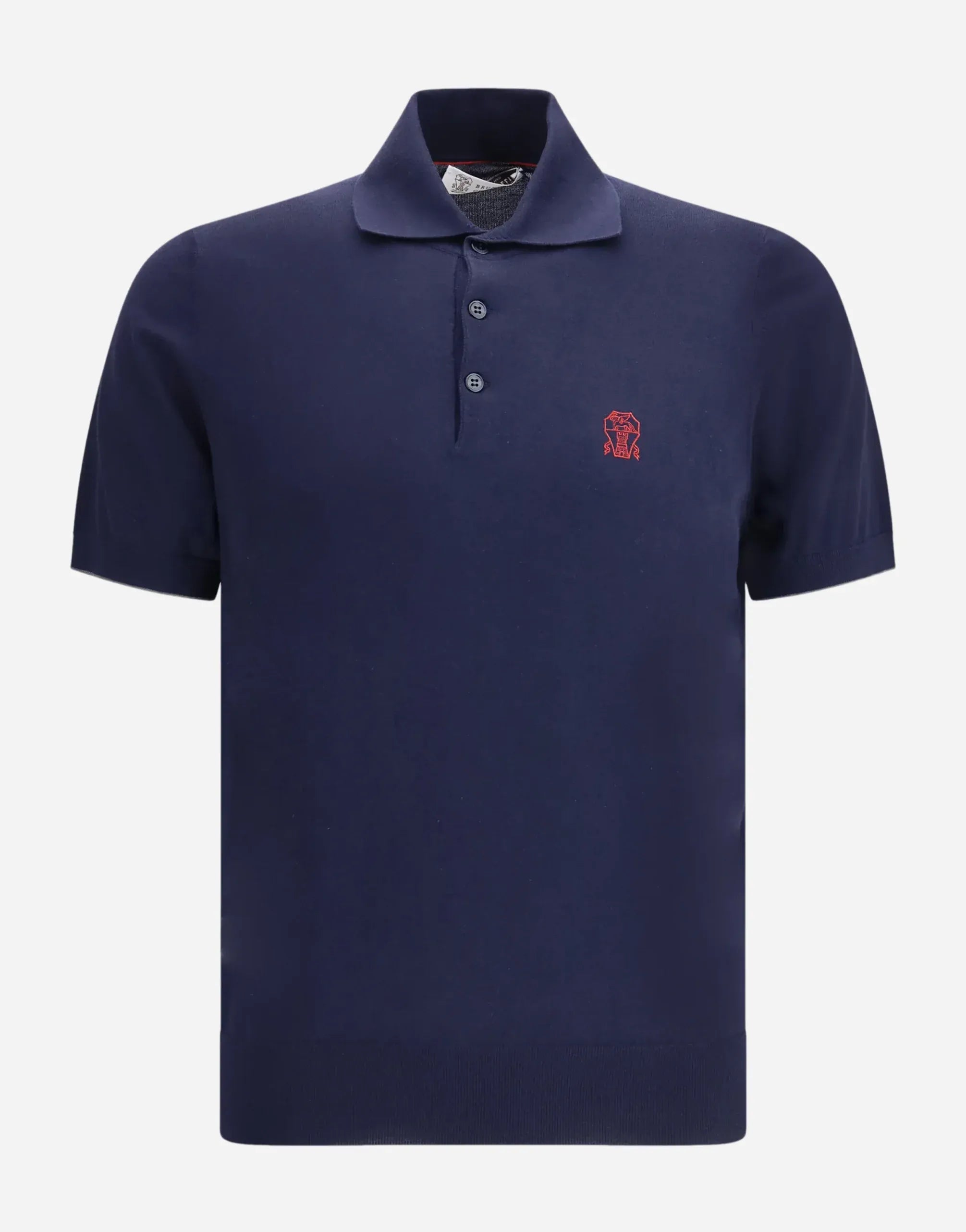 Brunello Cucinelli Navy Blue Cotton Knit Logo Polo Shirt