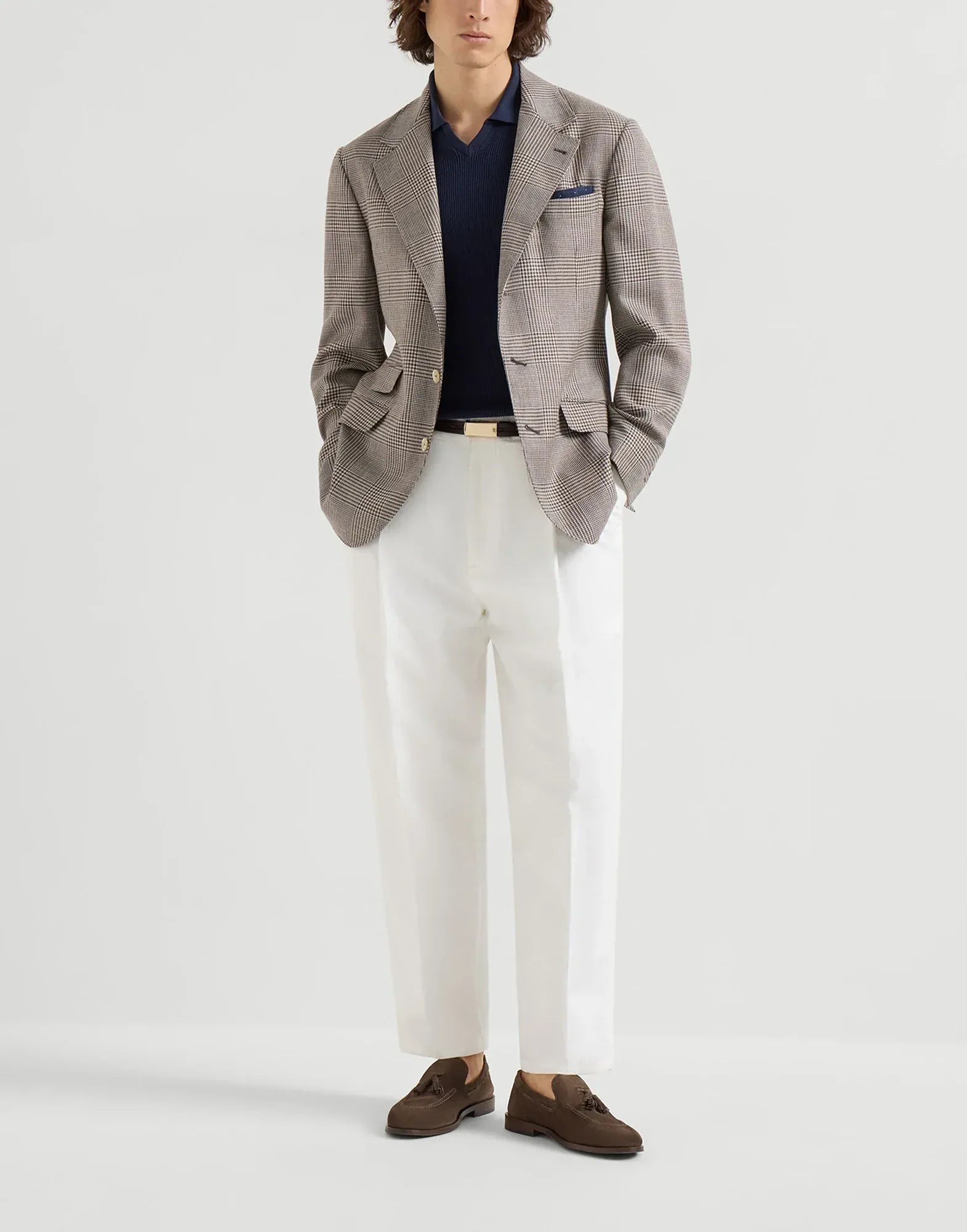 Brunello Cucinelli Navy Blue Cotton Rib Knit Polo