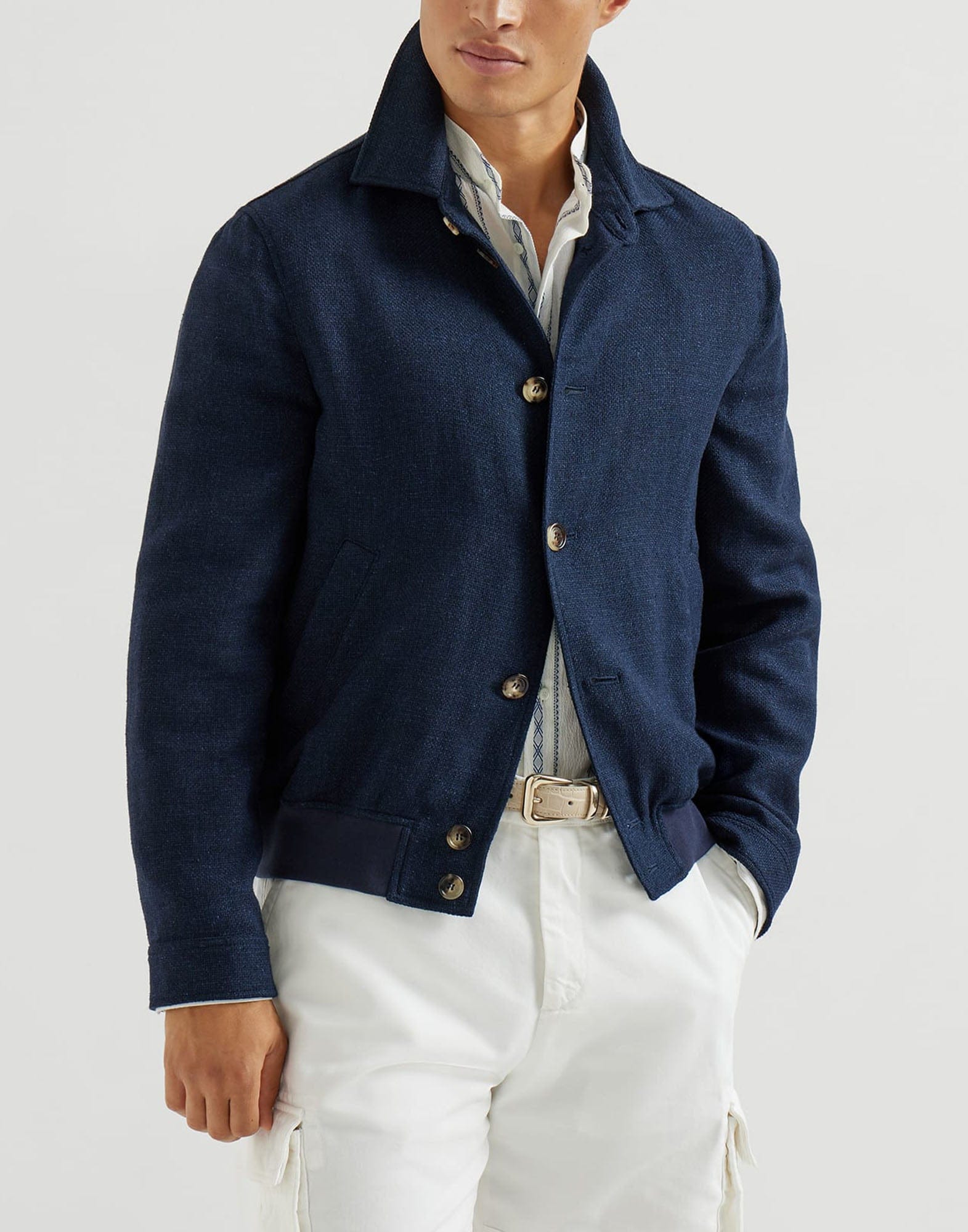 Brunello Cucinelli Navy Blue Silk-Blend Hopsack Jacket