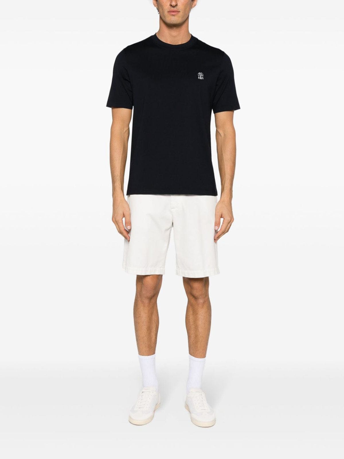 Brunello Cucinelli Navy Cotton Jersey Crew Neck Logo T-Shirt