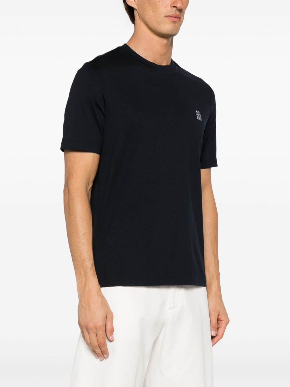 Brunello Cucinelli Navy Cotton Jersey Crew Neck Logo T-Shirt