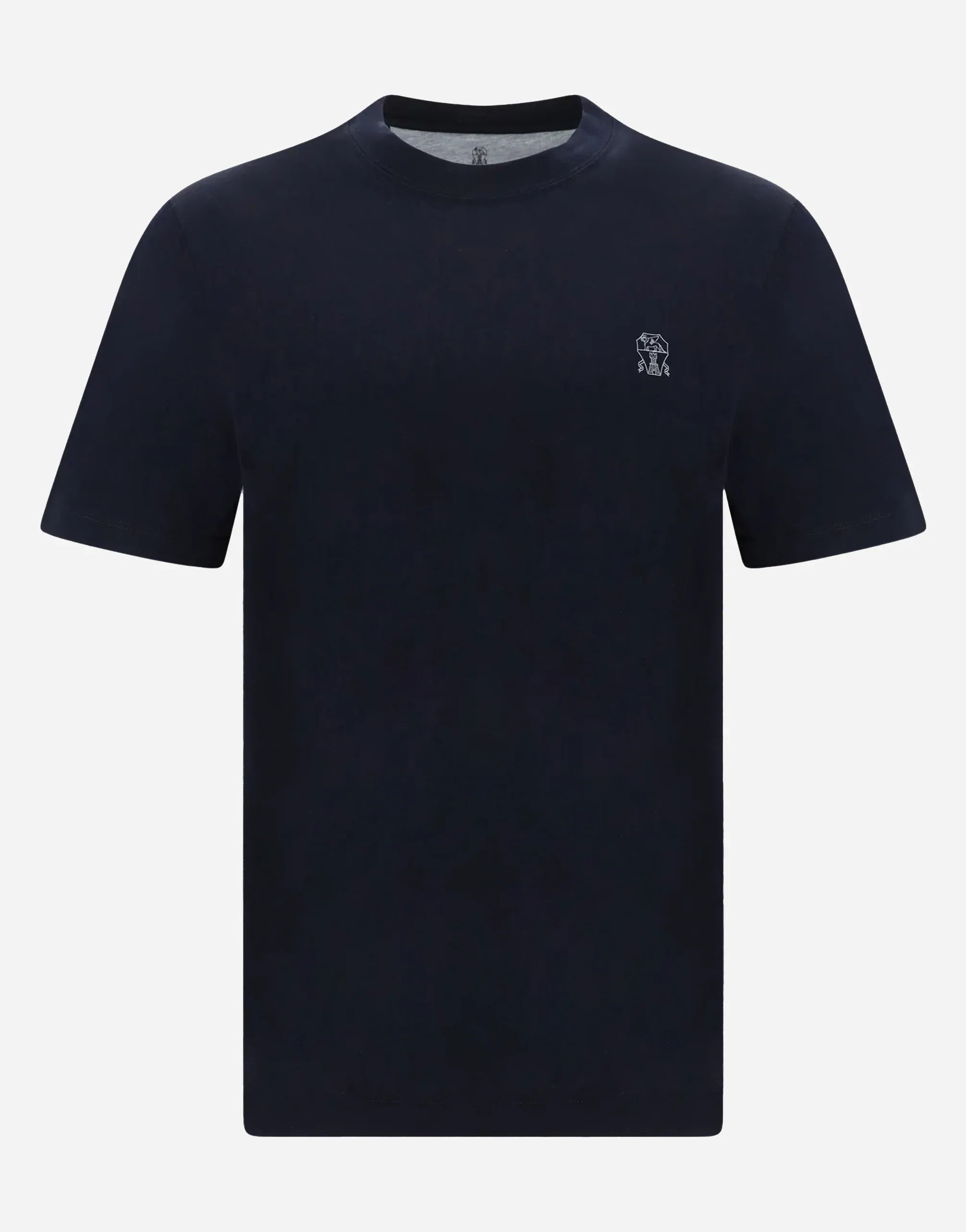 Brunello Cucinelli Navy Cotton Jersey Crew Neck Logo T-Shirt