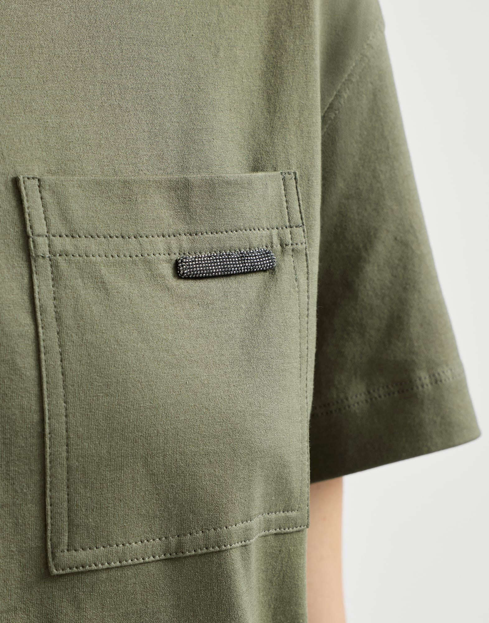 Brunello Cucinelli Olive Cotton Shiny Tab T-Shirt