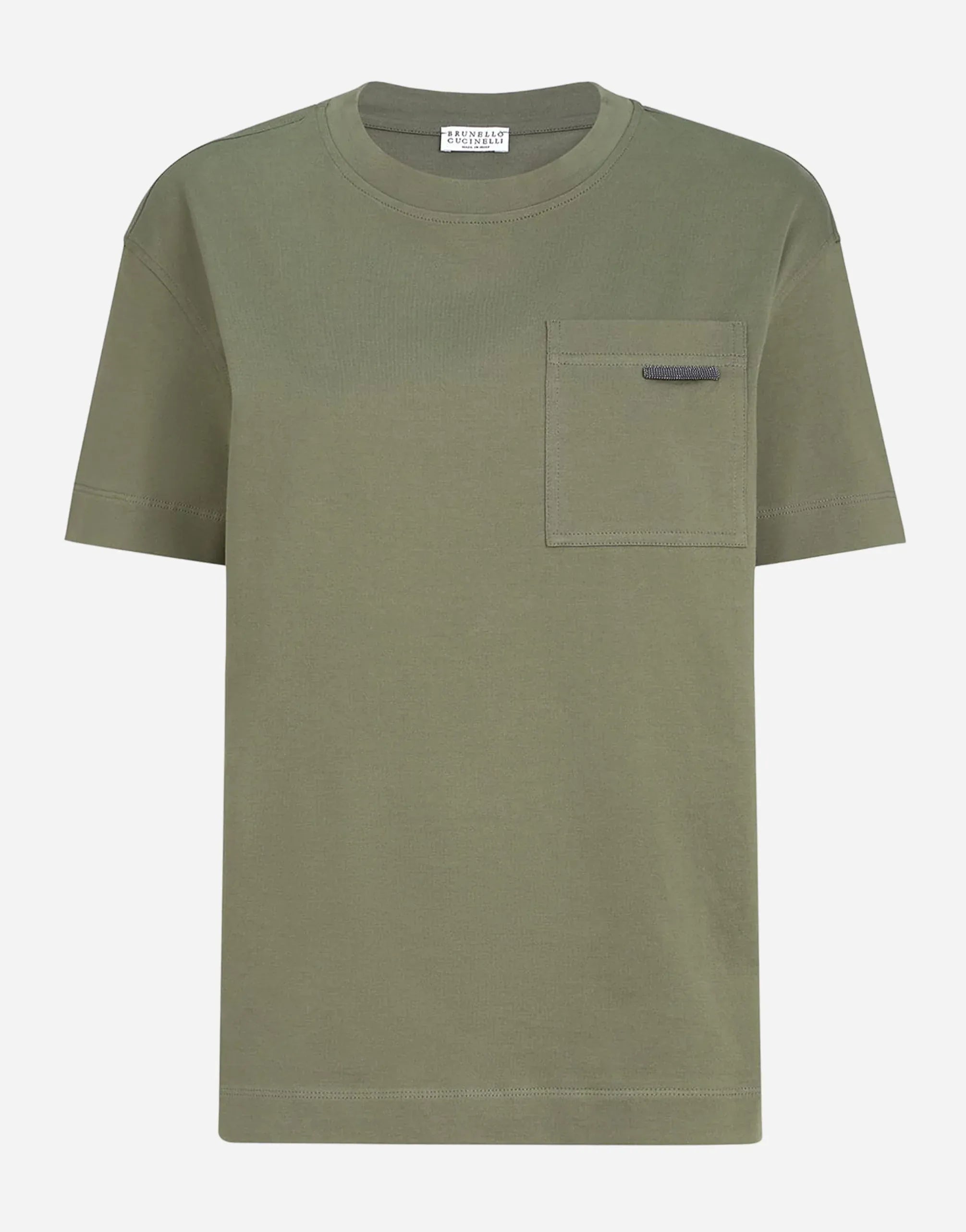 Brunello Cucinelli Olive Cotton Shiny Tab T-Shirt