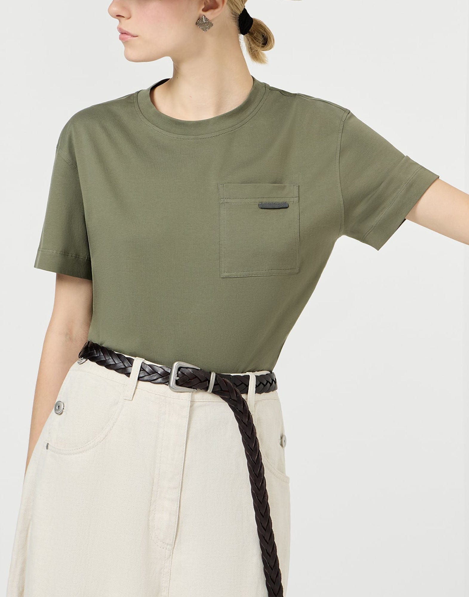 Brunello Cucinelli Olive Cotton Shiny Tab T-Shirt