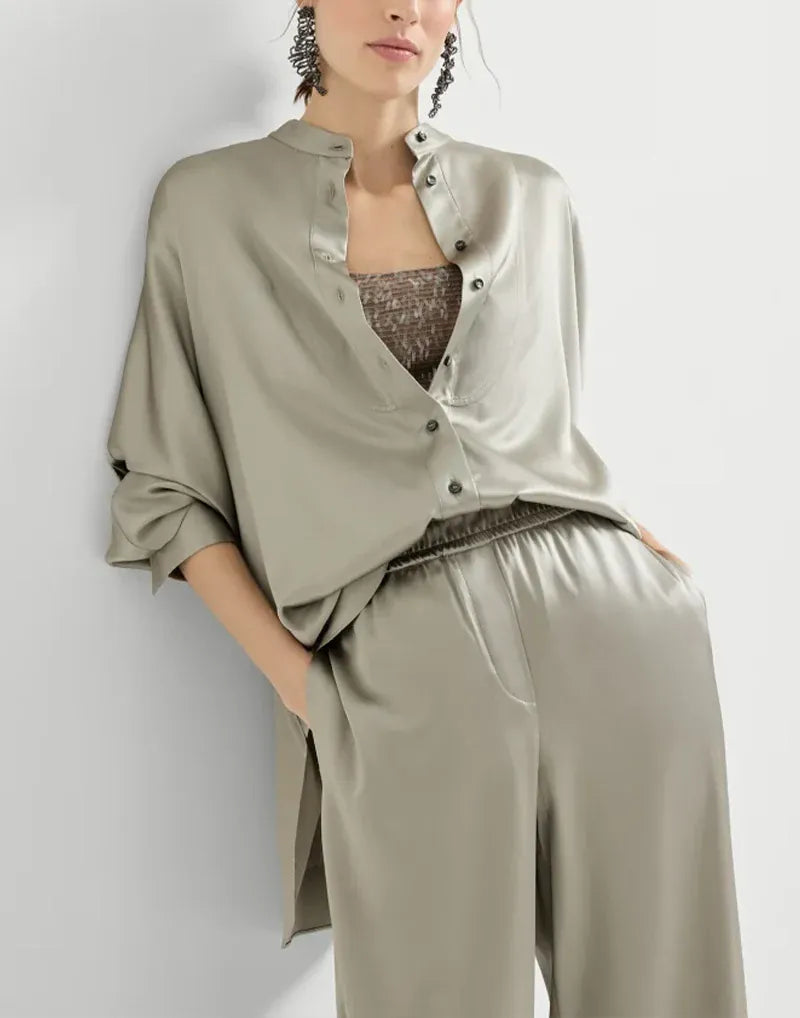 Brunello Cucinelli Olive Silk Satin Mandarin-Collar Shirt