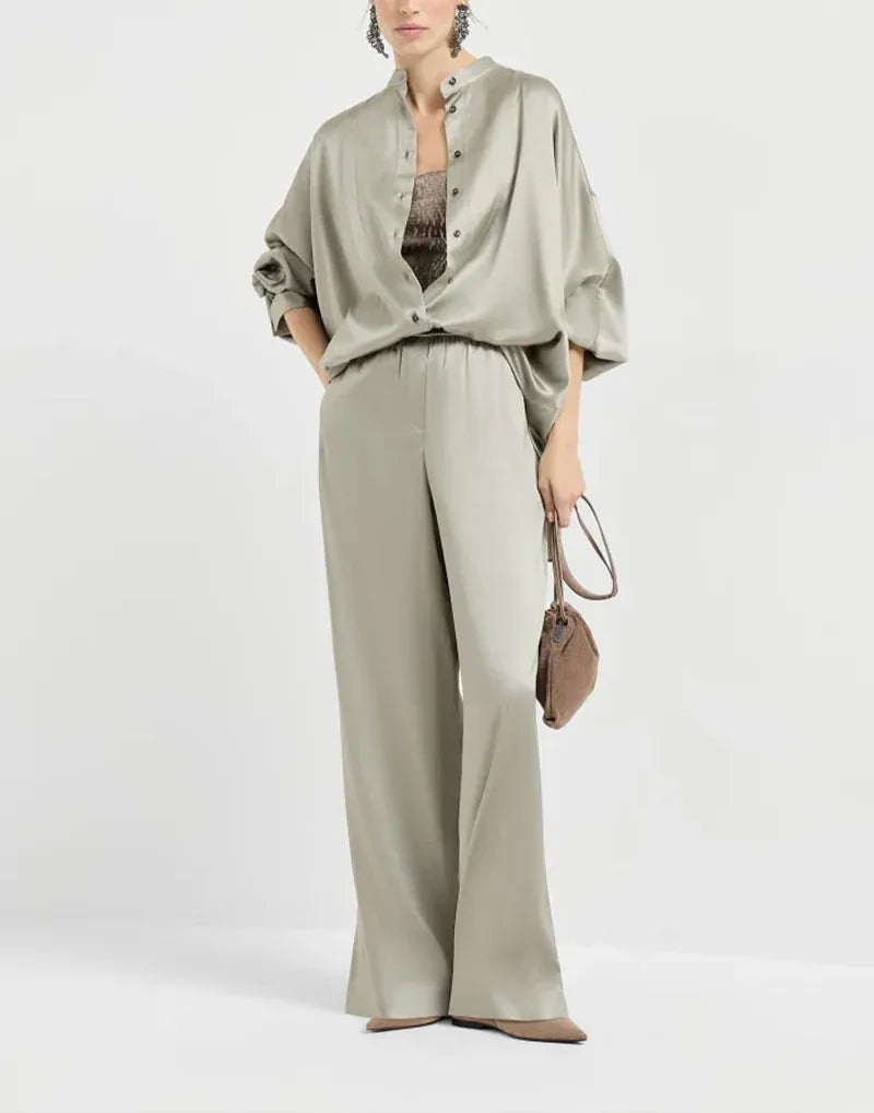 Brunello Cucinelli Olive Silk Satin Mandarin-Collar Shirt