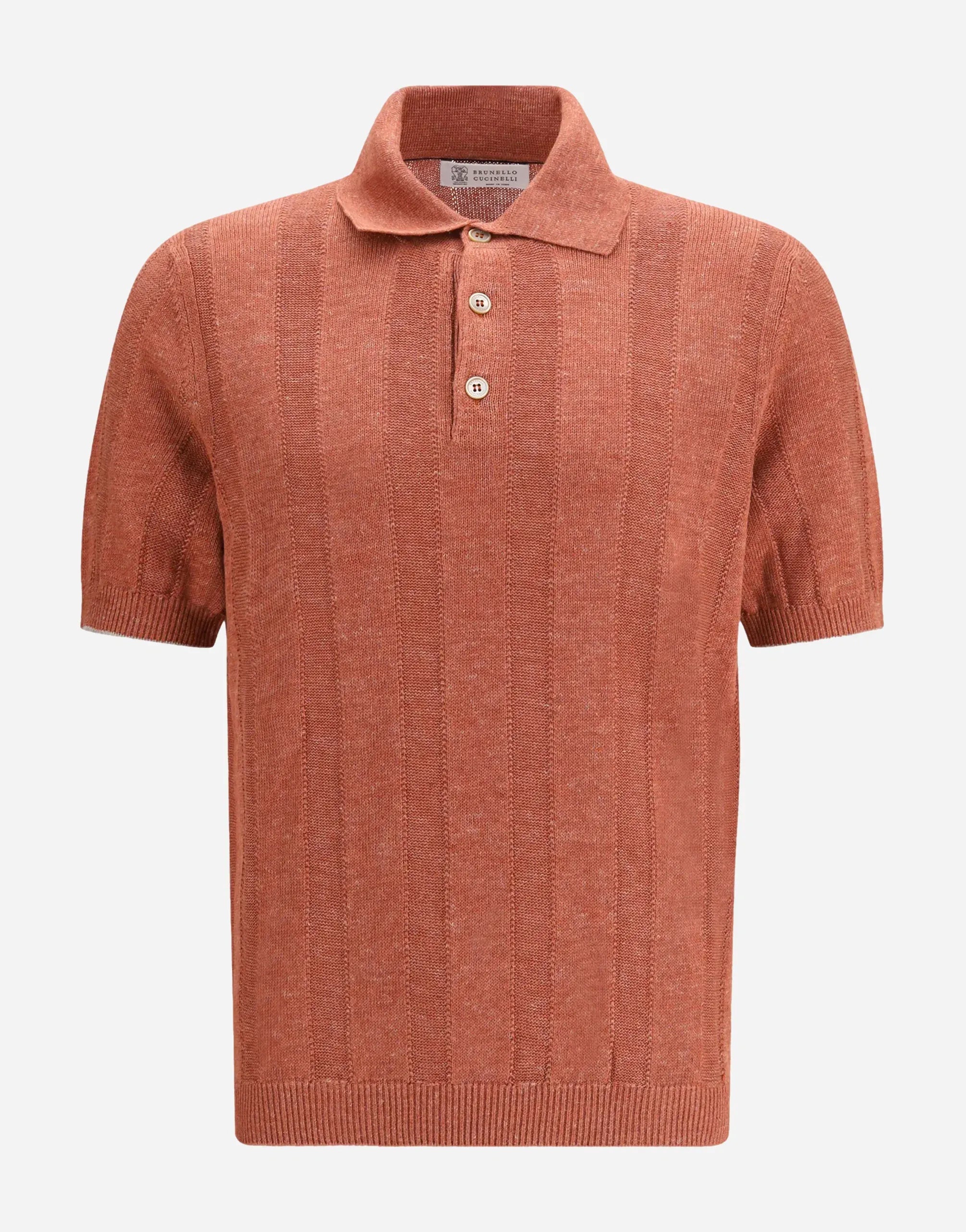 Brunello Cucinelli Orange Linen-Cotton Blend Wide Rib Knit Polo