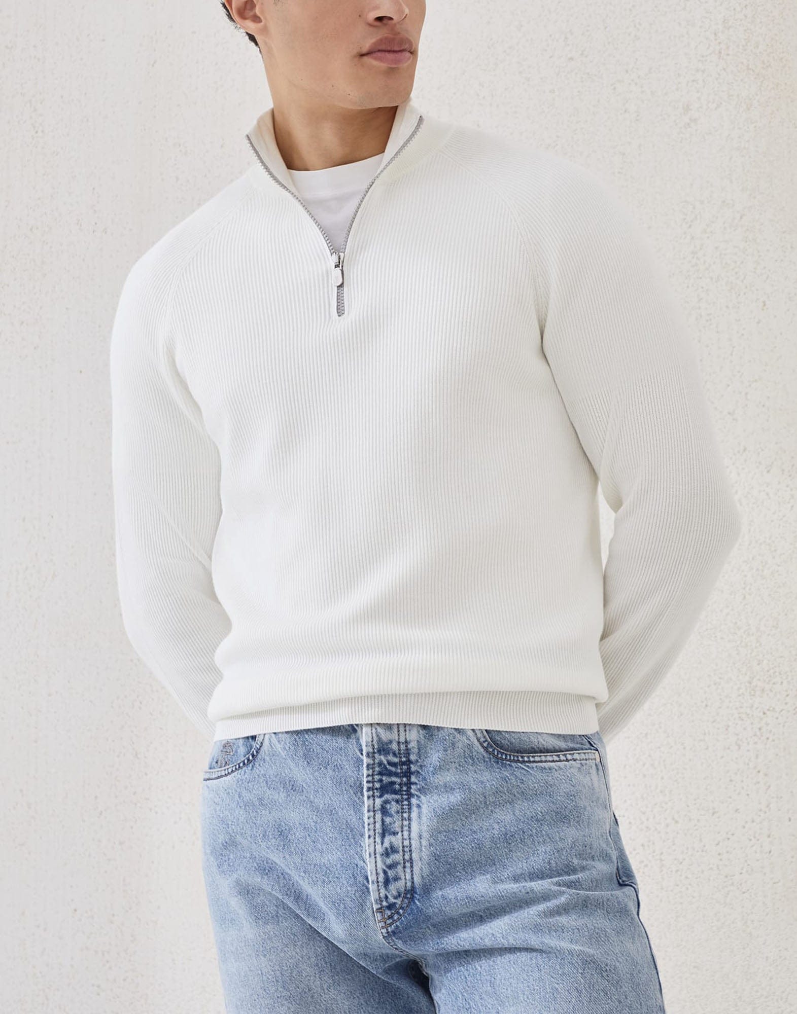 Brunello Cucinelli Panama Cotton Half-Zip Rib Sweater