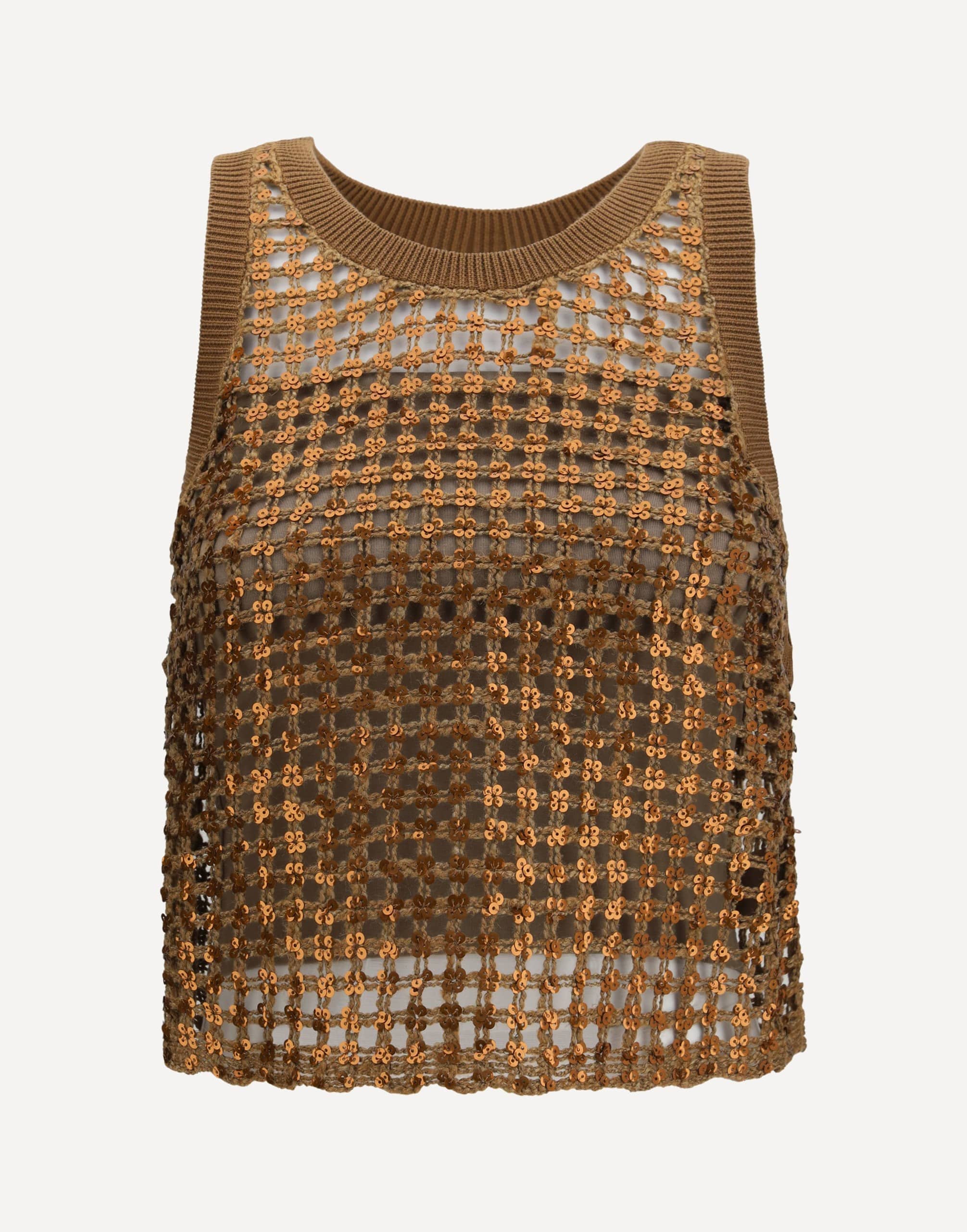 Brunello Cucinelli Perforated Silk Linen Top With Sequins