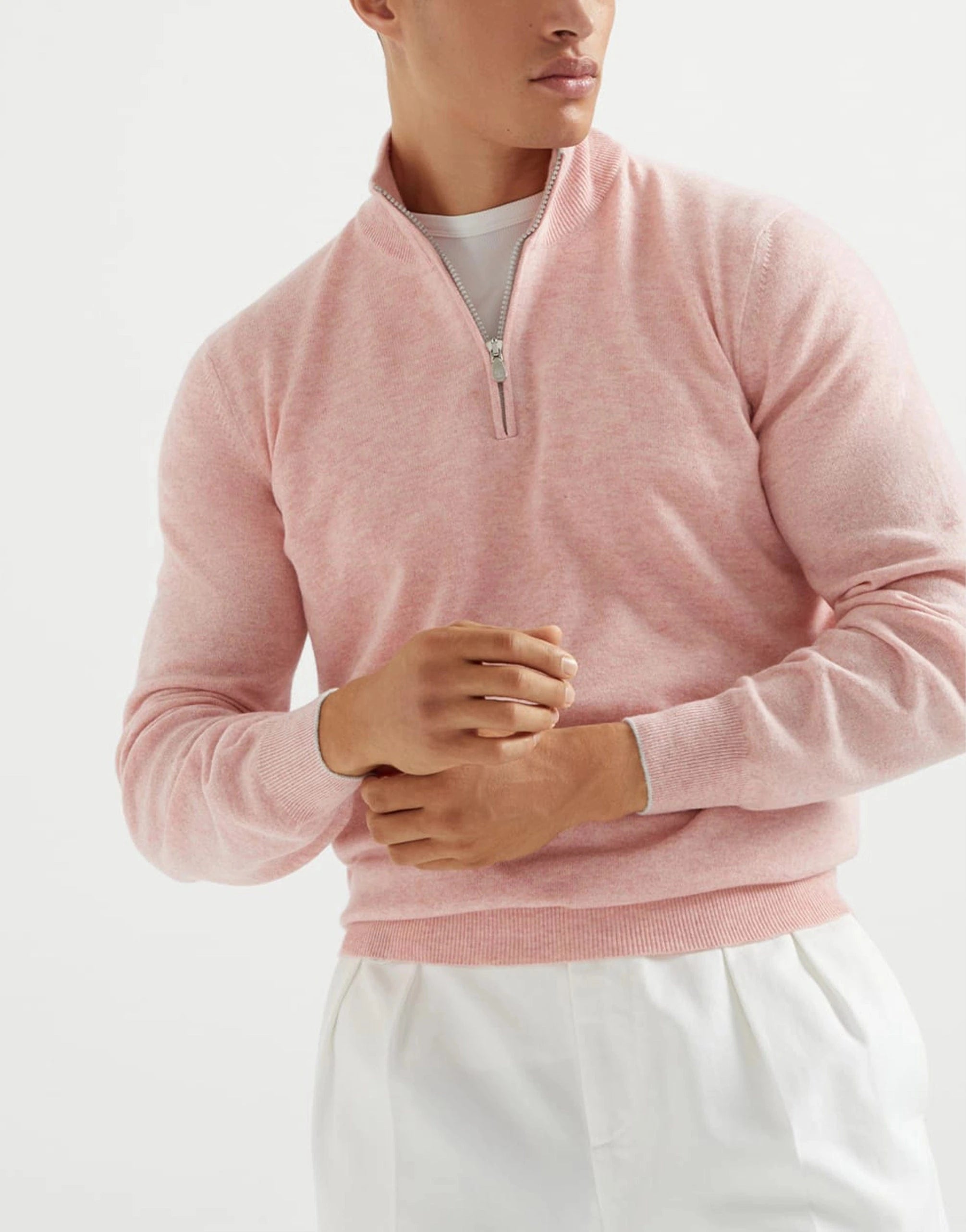 Brunello Cucinelli Pink Cashmere Half-Zip Turtleneck Sweater