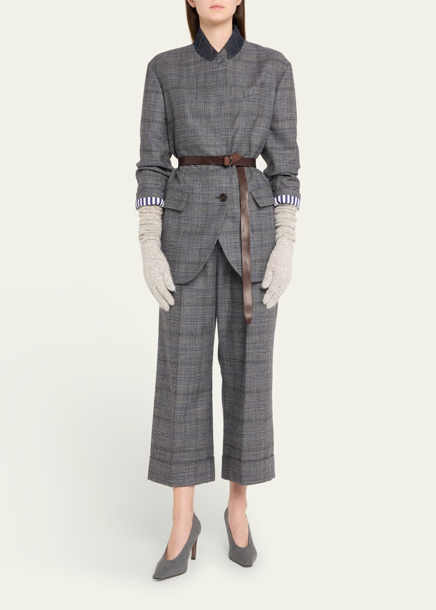 Brunello Cucinelli Prince Of Wales Belted Wool Blazer Jacket