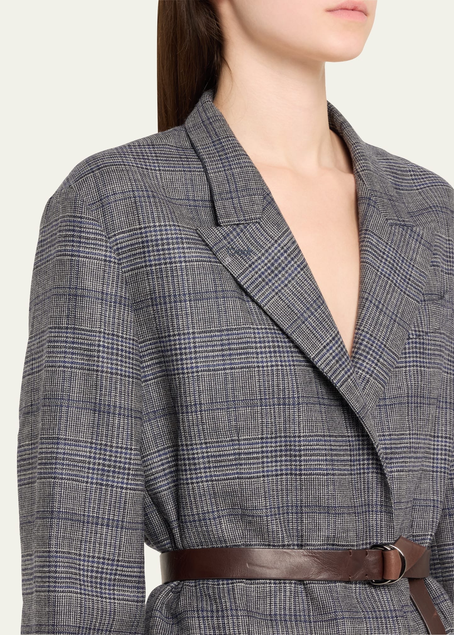 Brunello Cucinelli Prince Of Wales Belted Wool Blazer Jacket