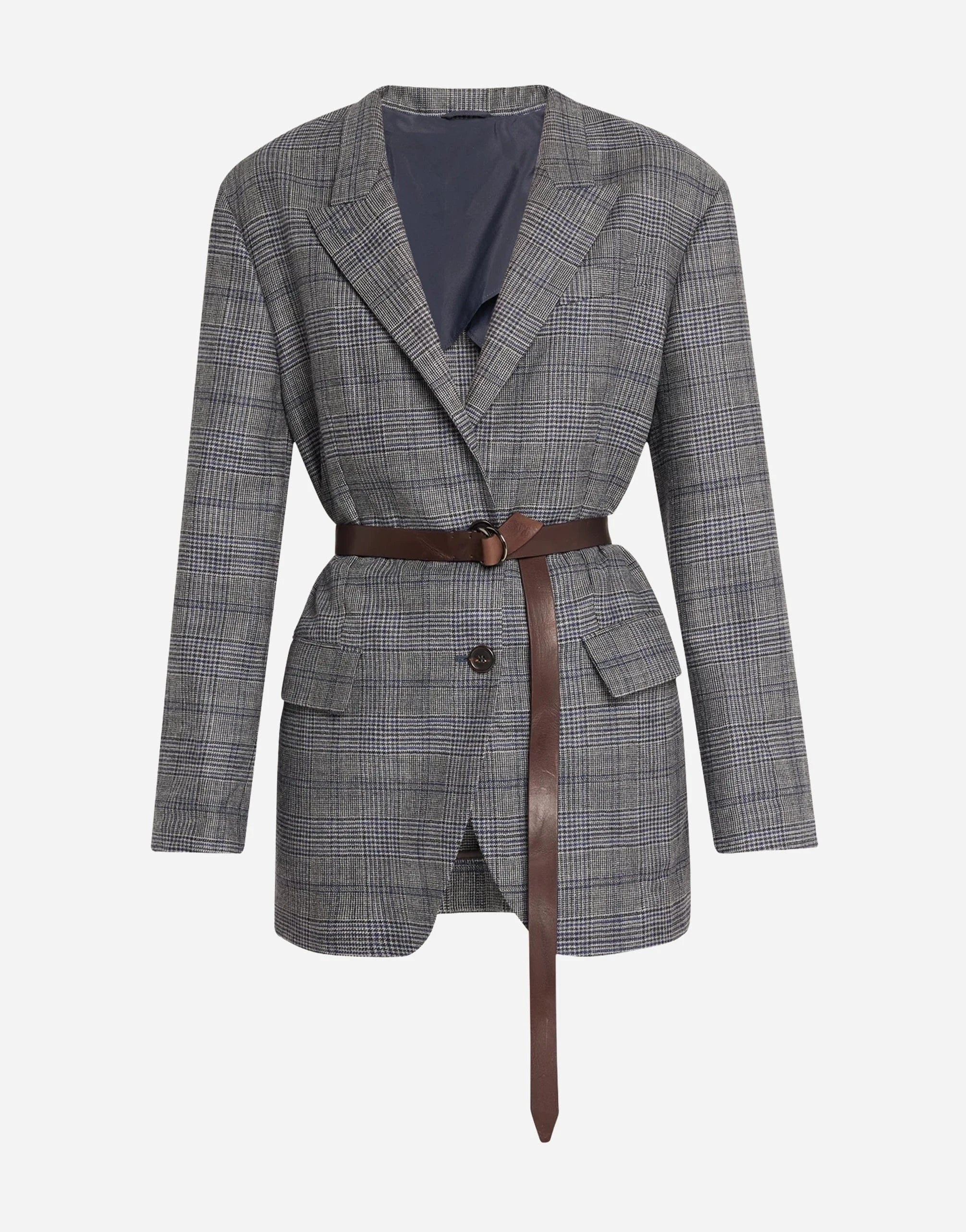 Brunello Cucinelli Prince Of Wales Belted Wool Blazer Jacket