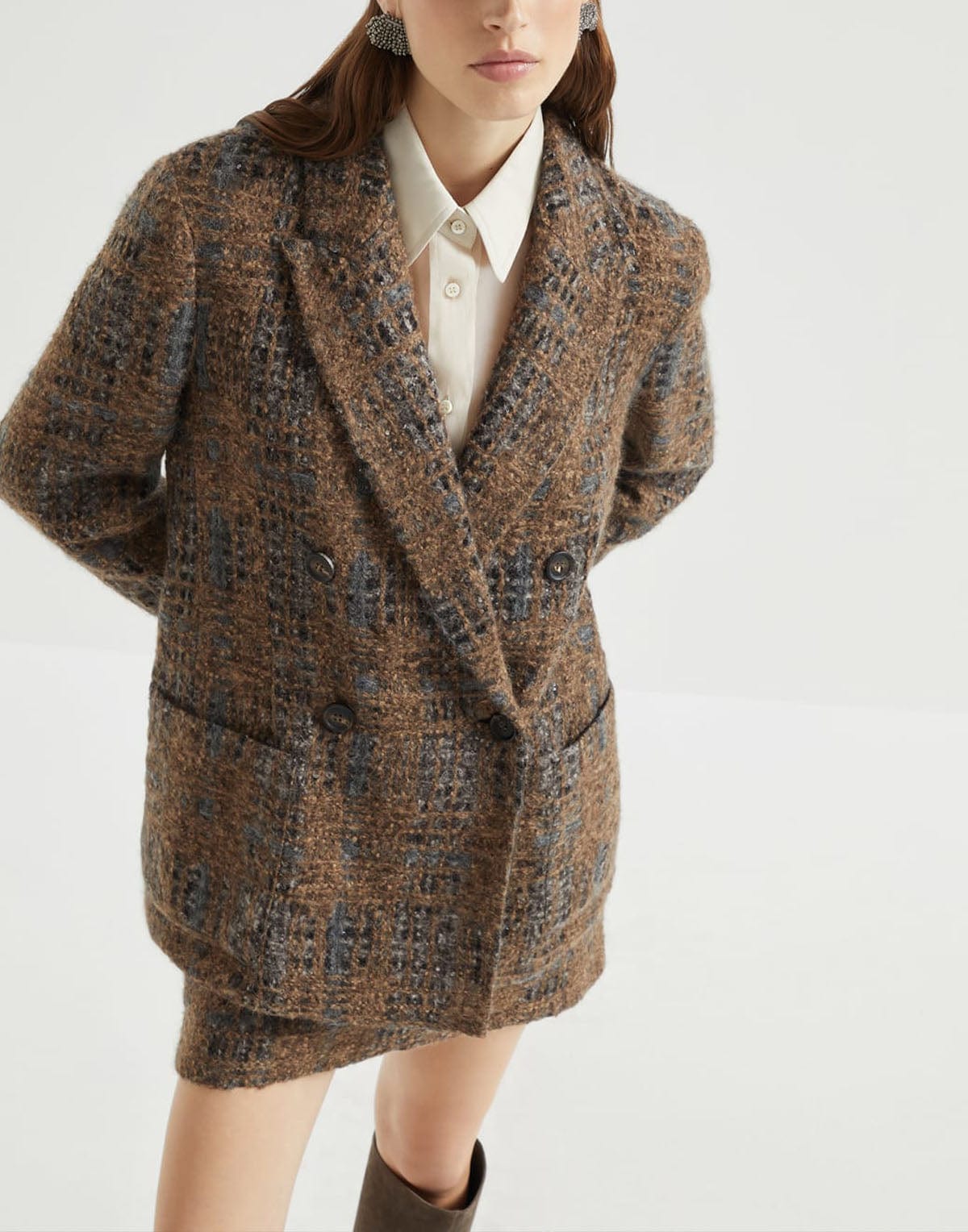 Brunello Cucinelli Prince of Wales Crispy Silk Blazer