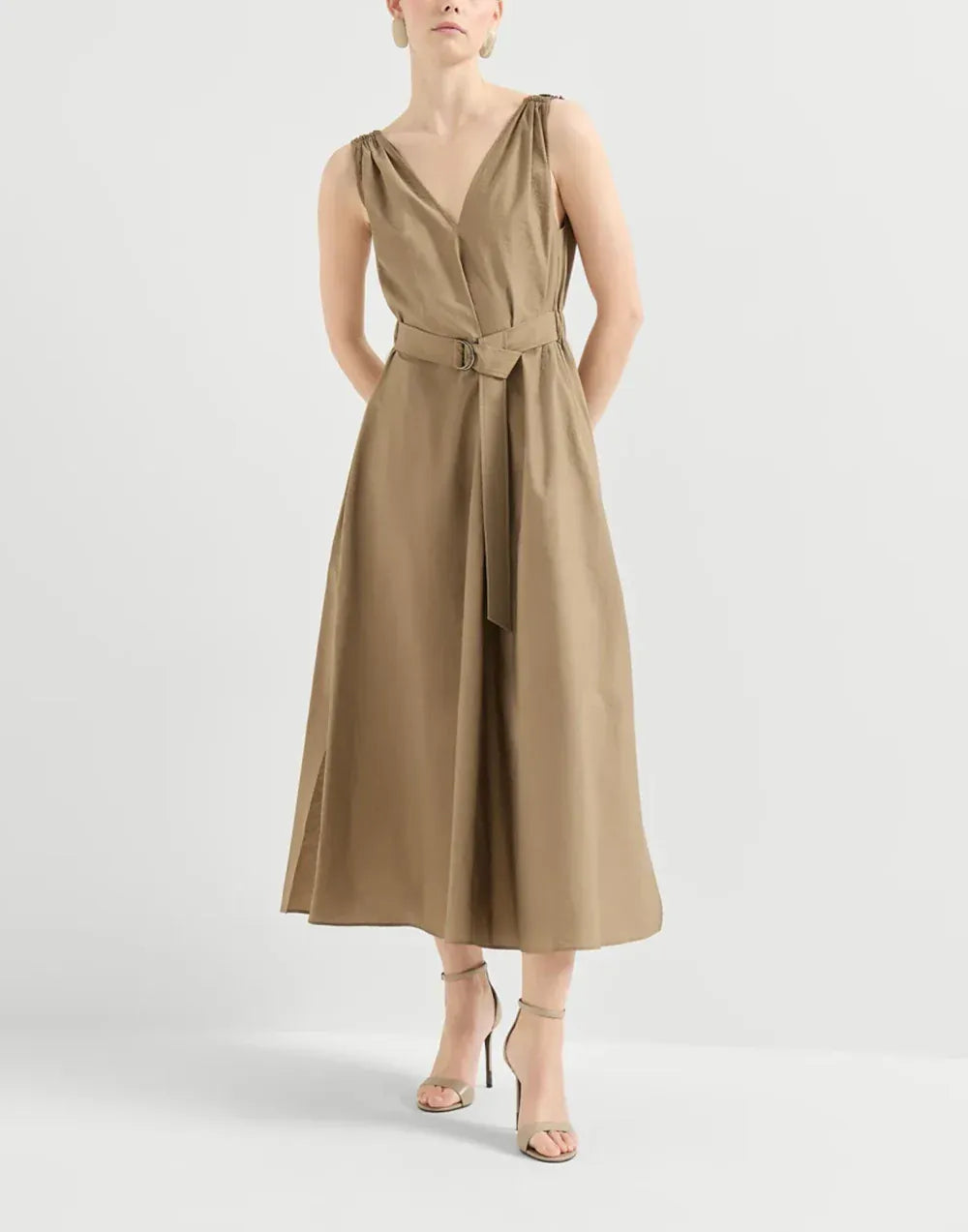 Brunello Cucinelli Sand Techno Cotton Poplin Belted Dress