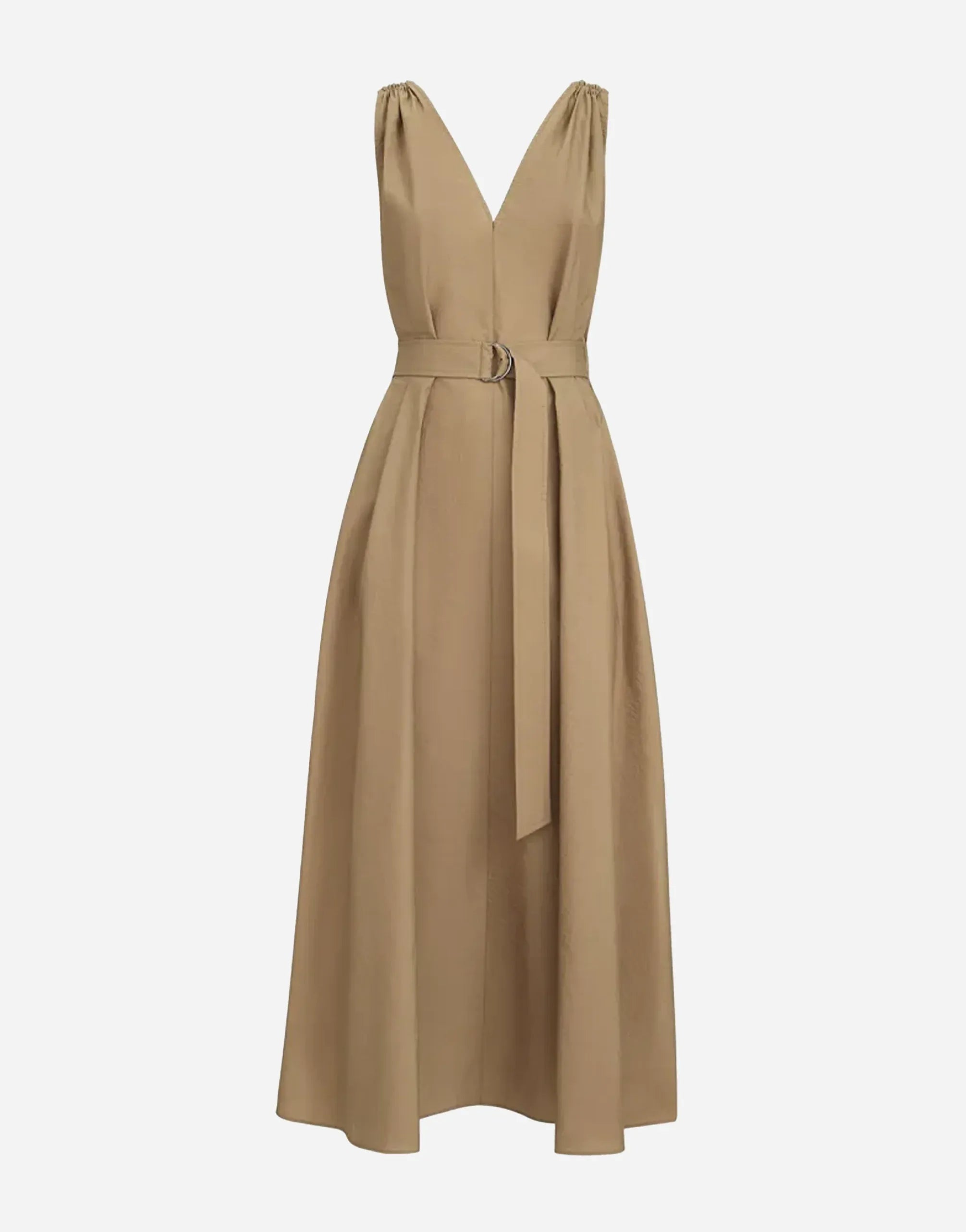 Brunello Cucinelli Sand Techno Katoen Popeline Jurk met Ceintuur