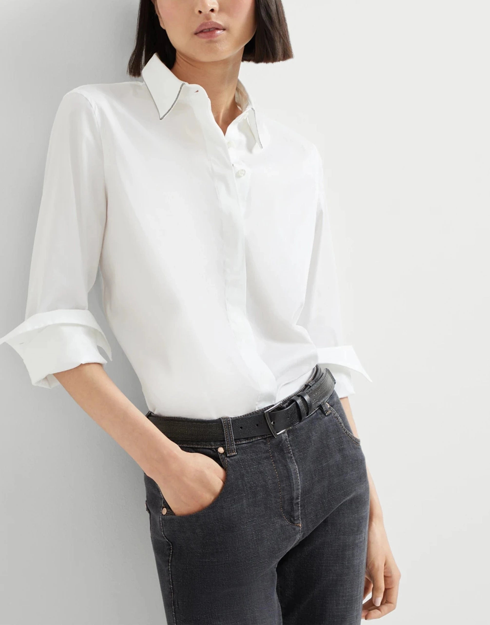 Brunello Cucinelli Shiny-Collar Cotton Poplin Shirt