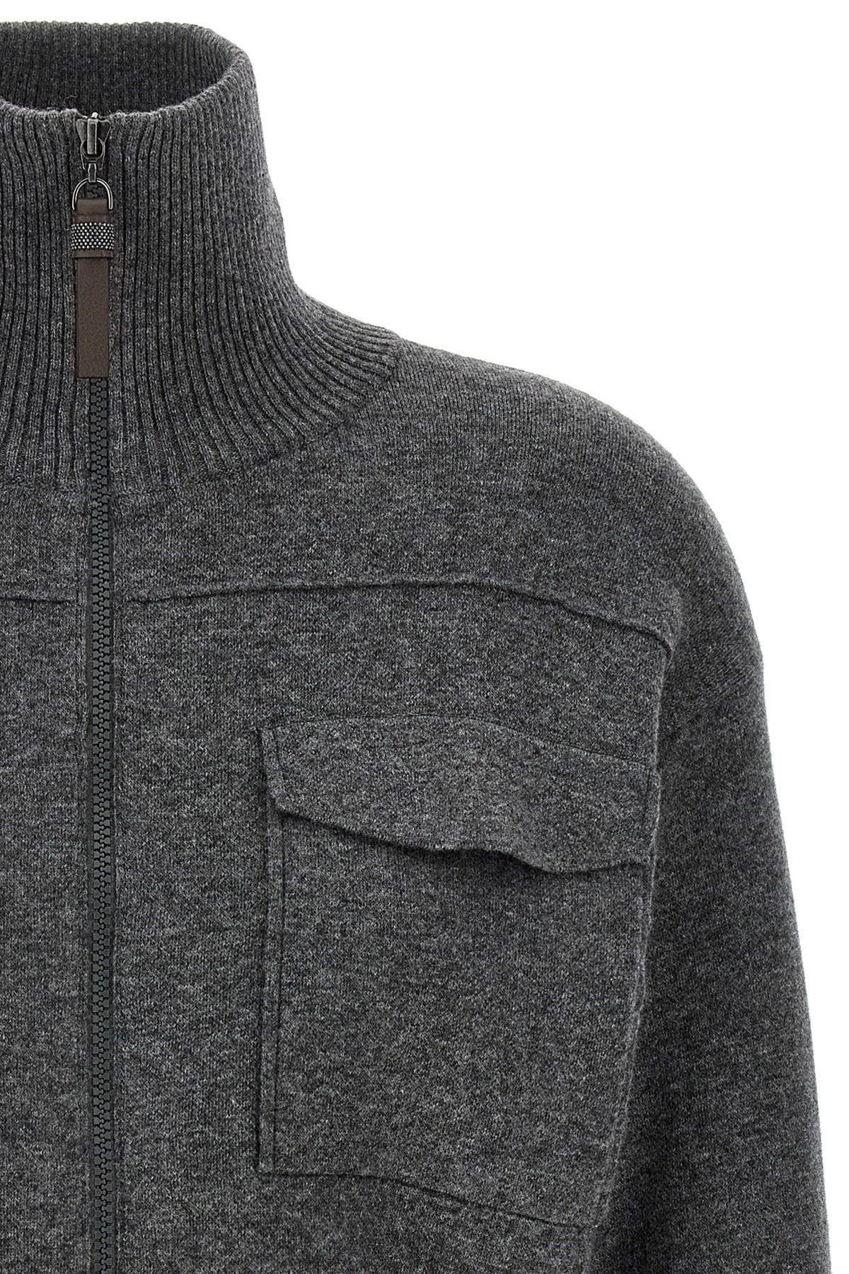Brunello Cucinelli Shiny Zipper Pull Wool Cardigan
