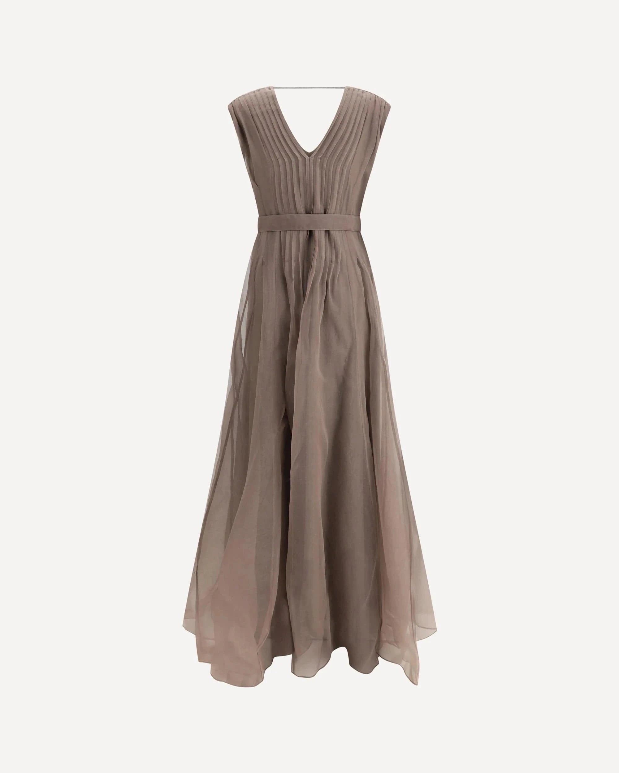 Brunello Cucinelli Silk Belted Pleated Long Dress
