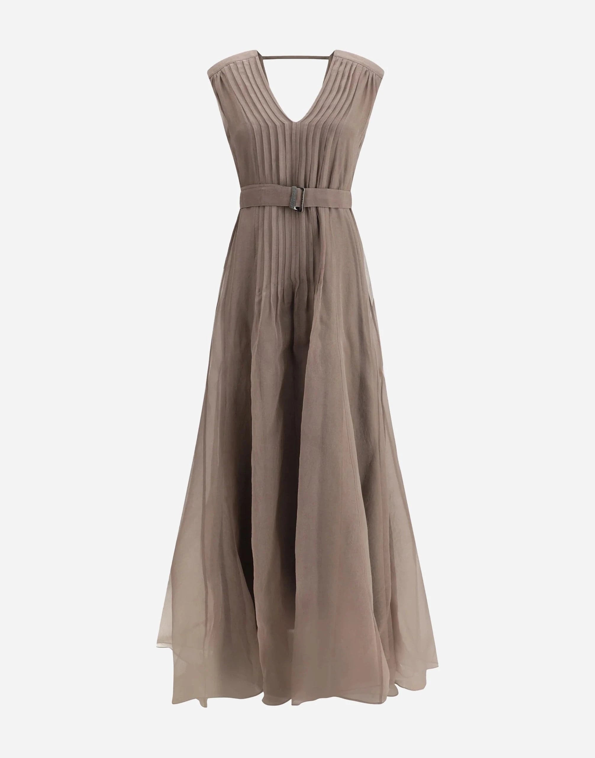 Brunello Cucinelli Silk Belted Pleated Long Dress