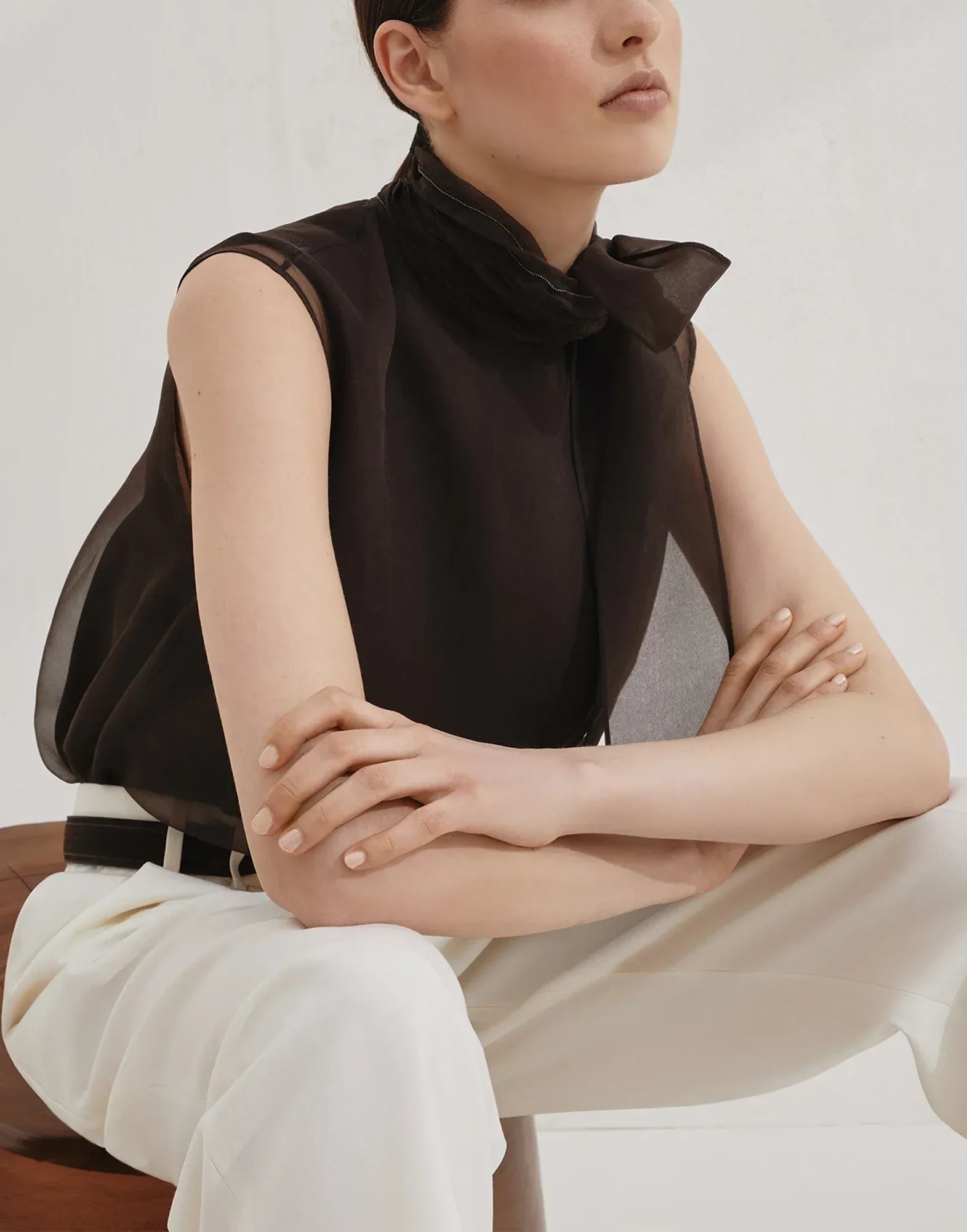 Brunello Cucinelli Silk Pussybow Monili Tank Top