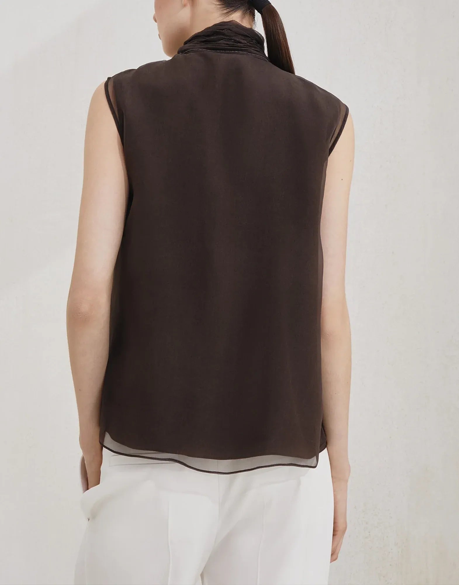 Brunello Cucinelli Silk Pussybow Monili Tank Top