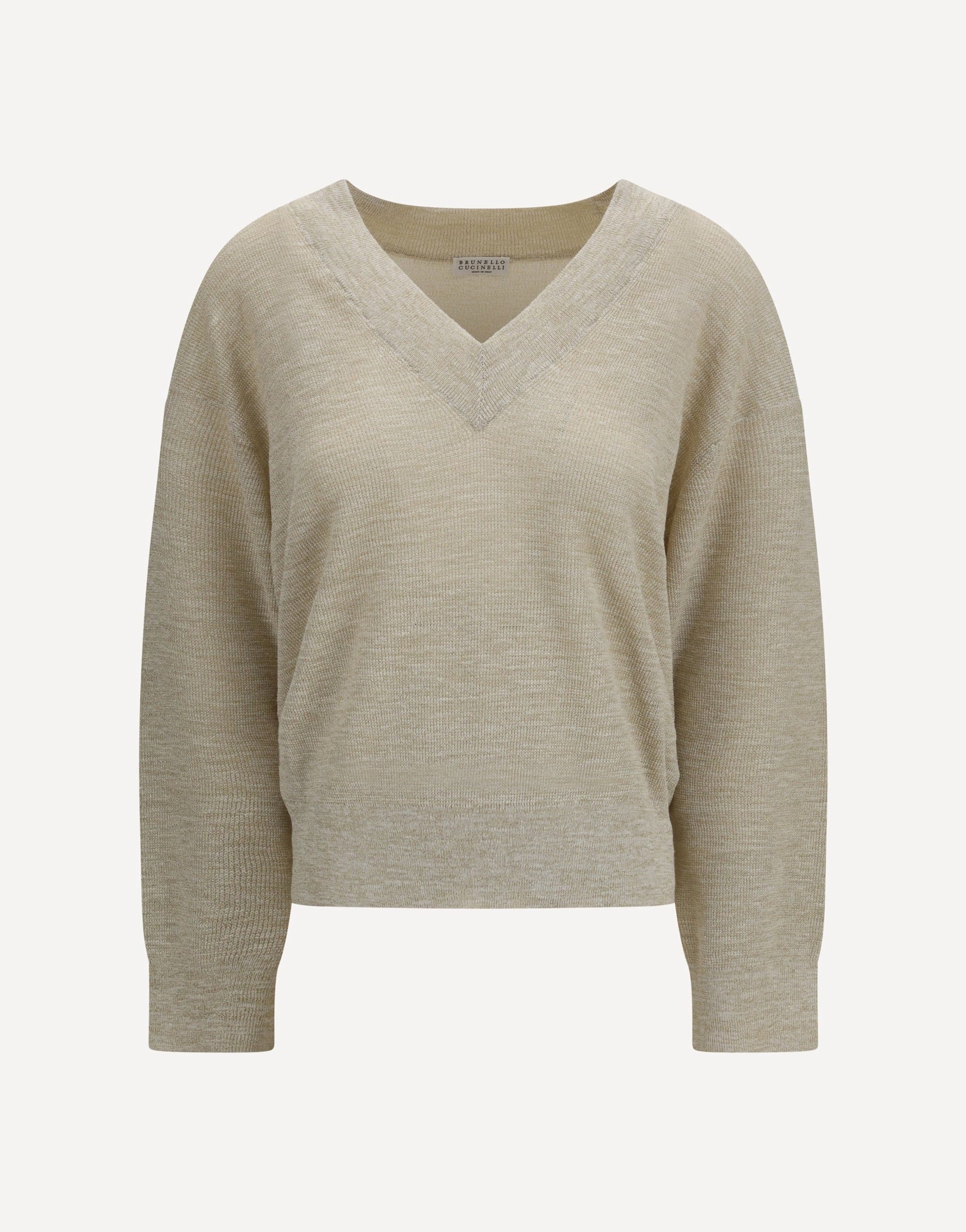 Brunello Cucinelli Sparkling Linen Ribbed V-Neck Sweater