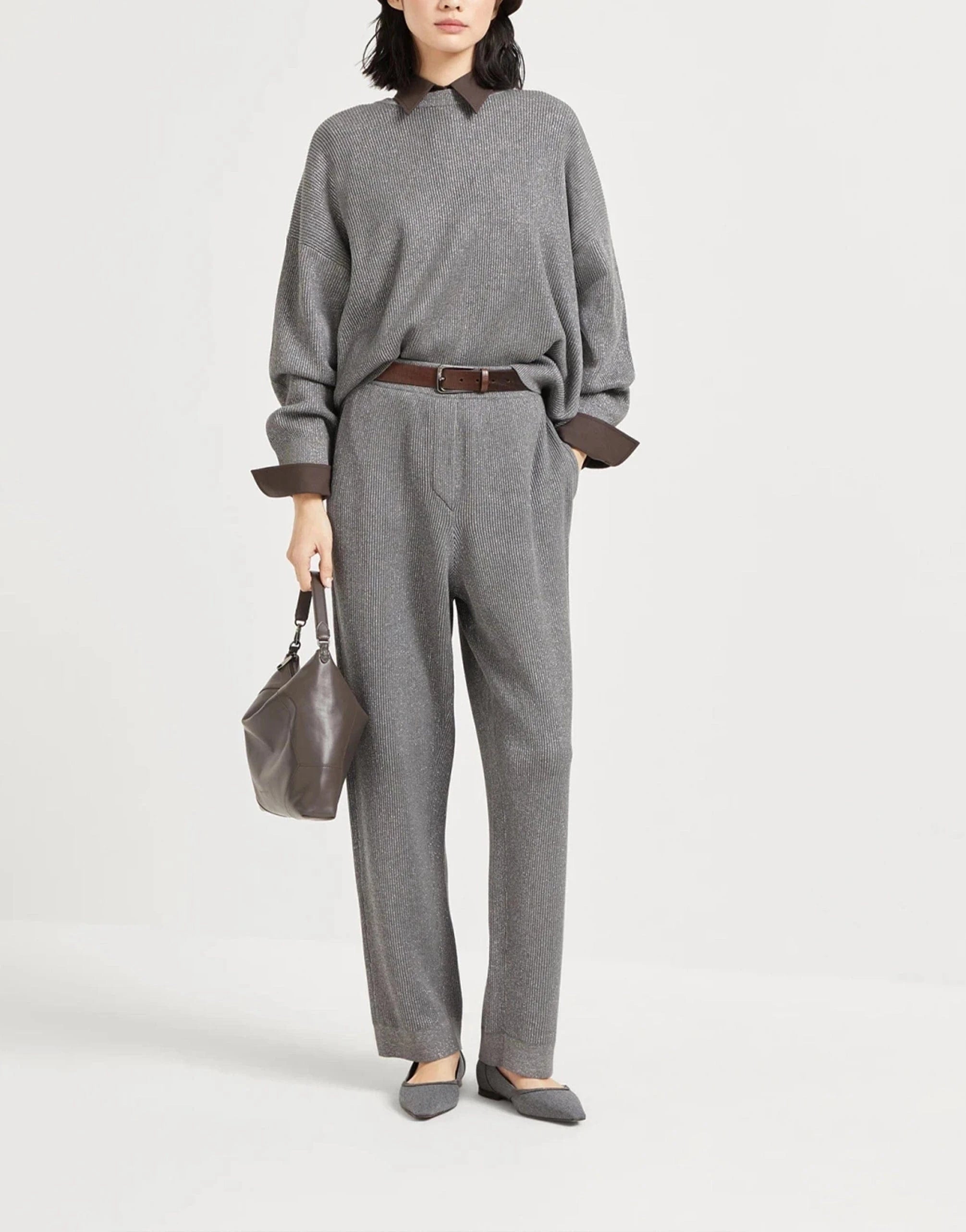 Brunello Cucinelli Sparkling cotton vanisé English rib knit trousers