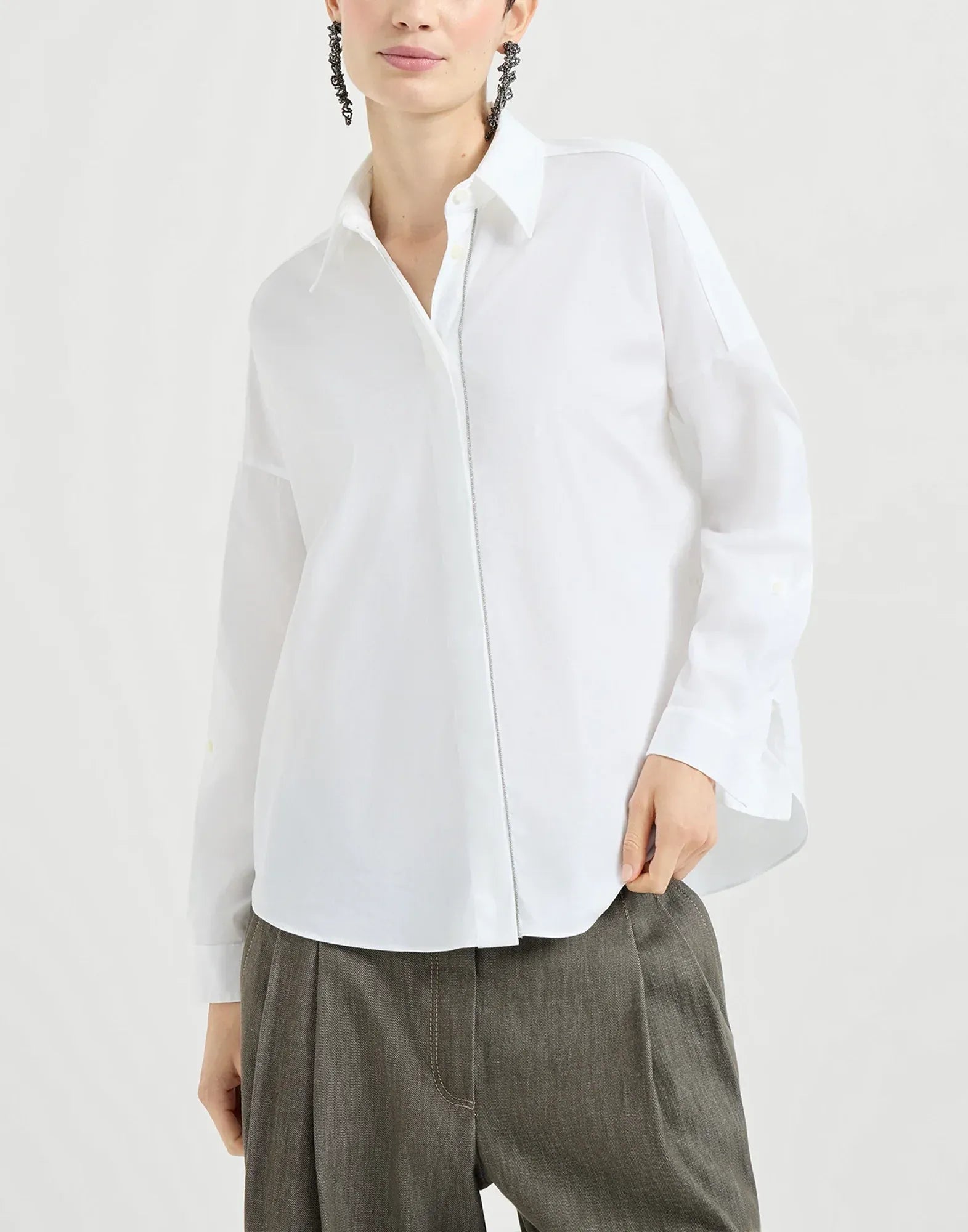 Brunello Cucinelli Stretch Shiny Trim Cotton Poplin Shirt