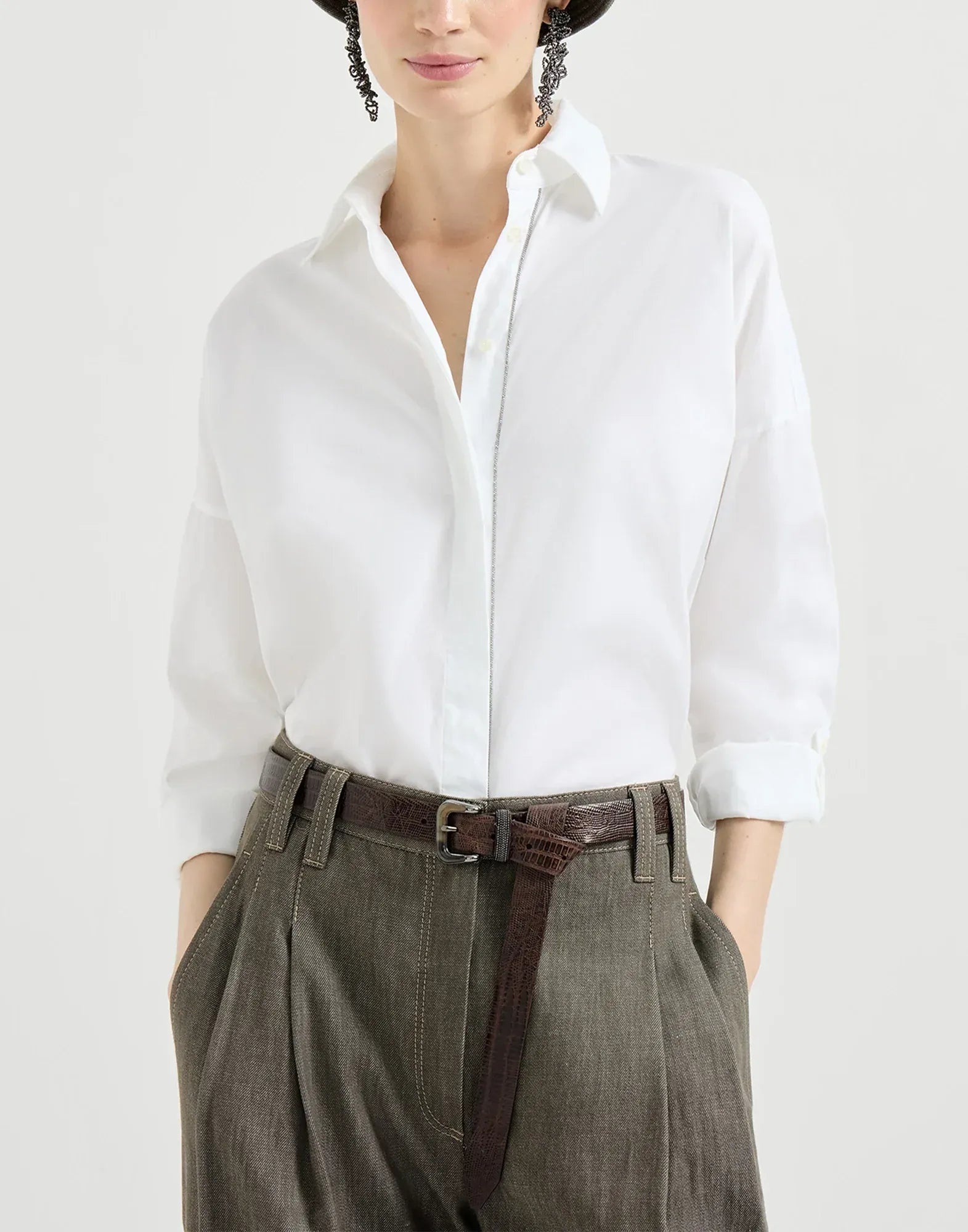 Brunello Cucinelli Stretch Shiny Trim Cotton Poplin Shirt