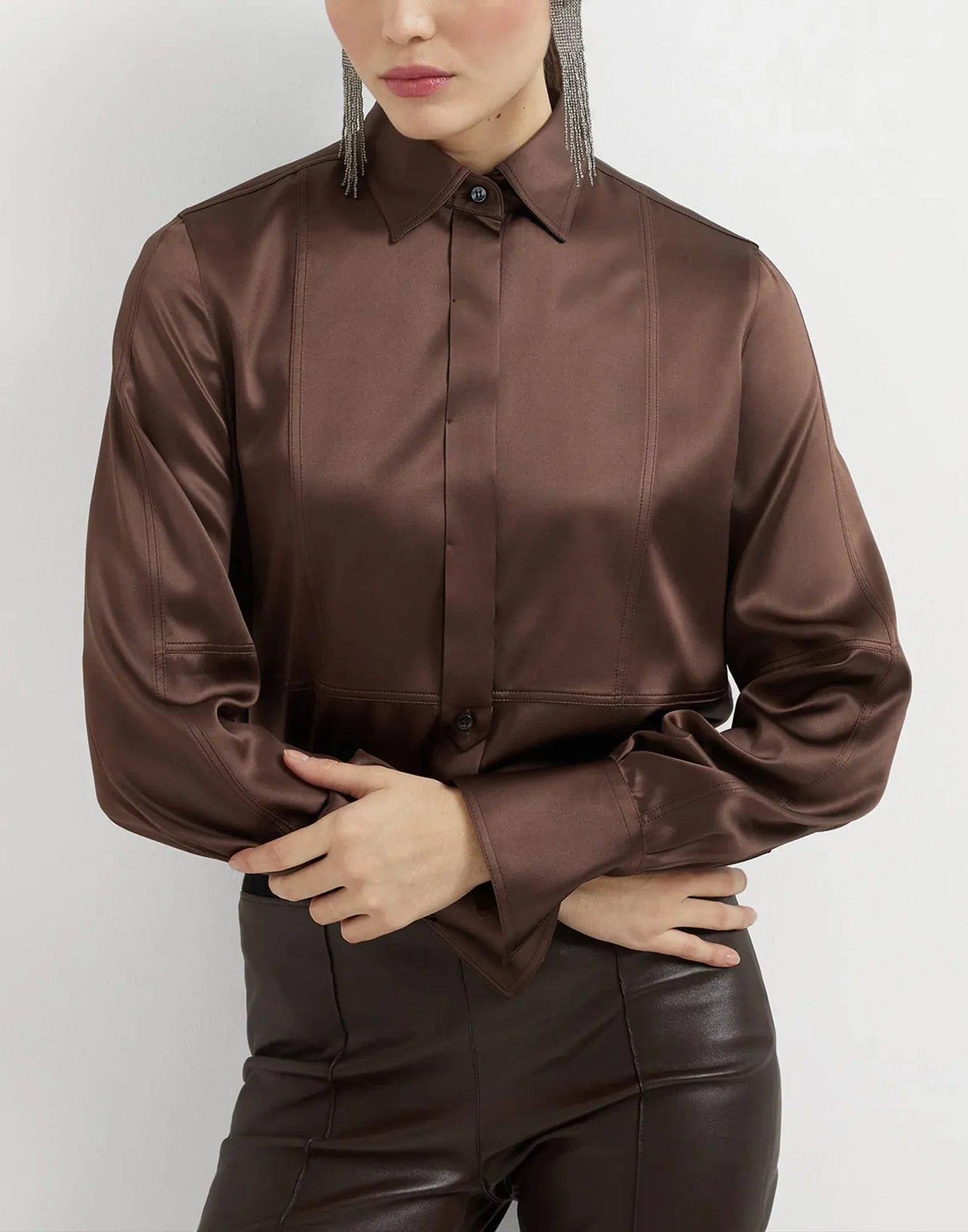 Brunello Cucinelli Stretch Silk Satin Monili Shirt