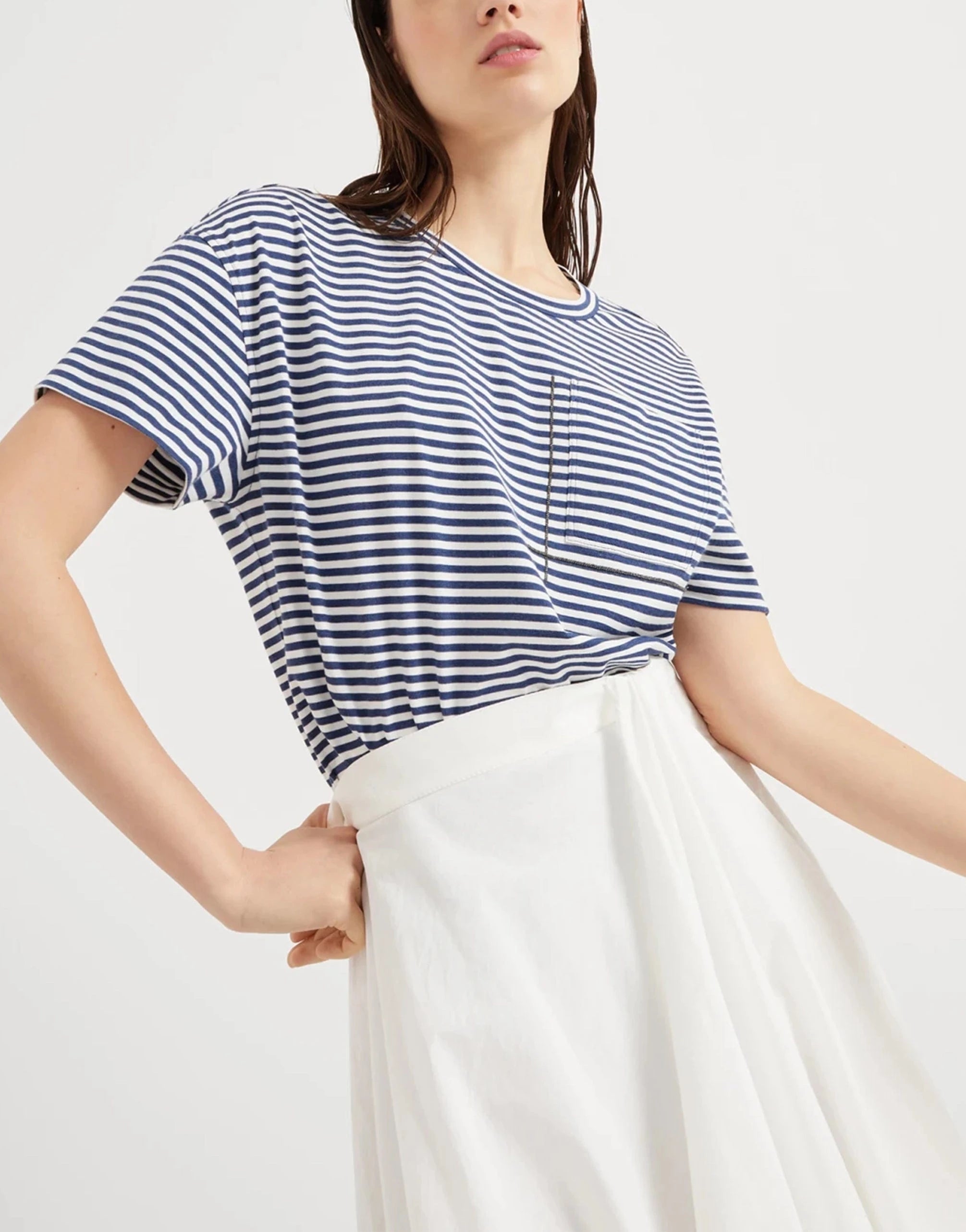Brunello Cucinelli Striped Monili-Pocket Embellished T-Shirt