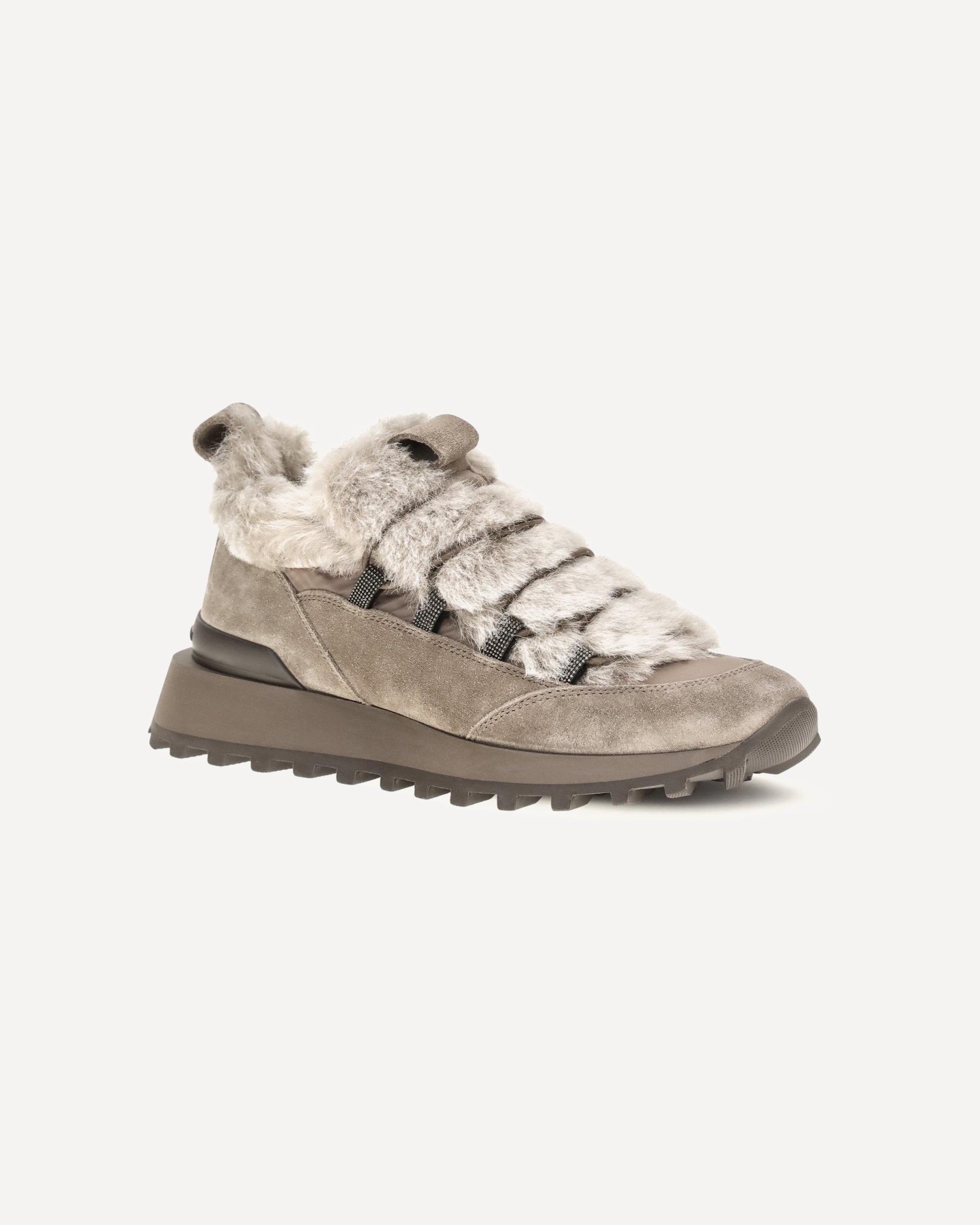 Brunello Cucinelli Baskets en daim et coton technique, doublure en shearling, détail Monili - alternate view