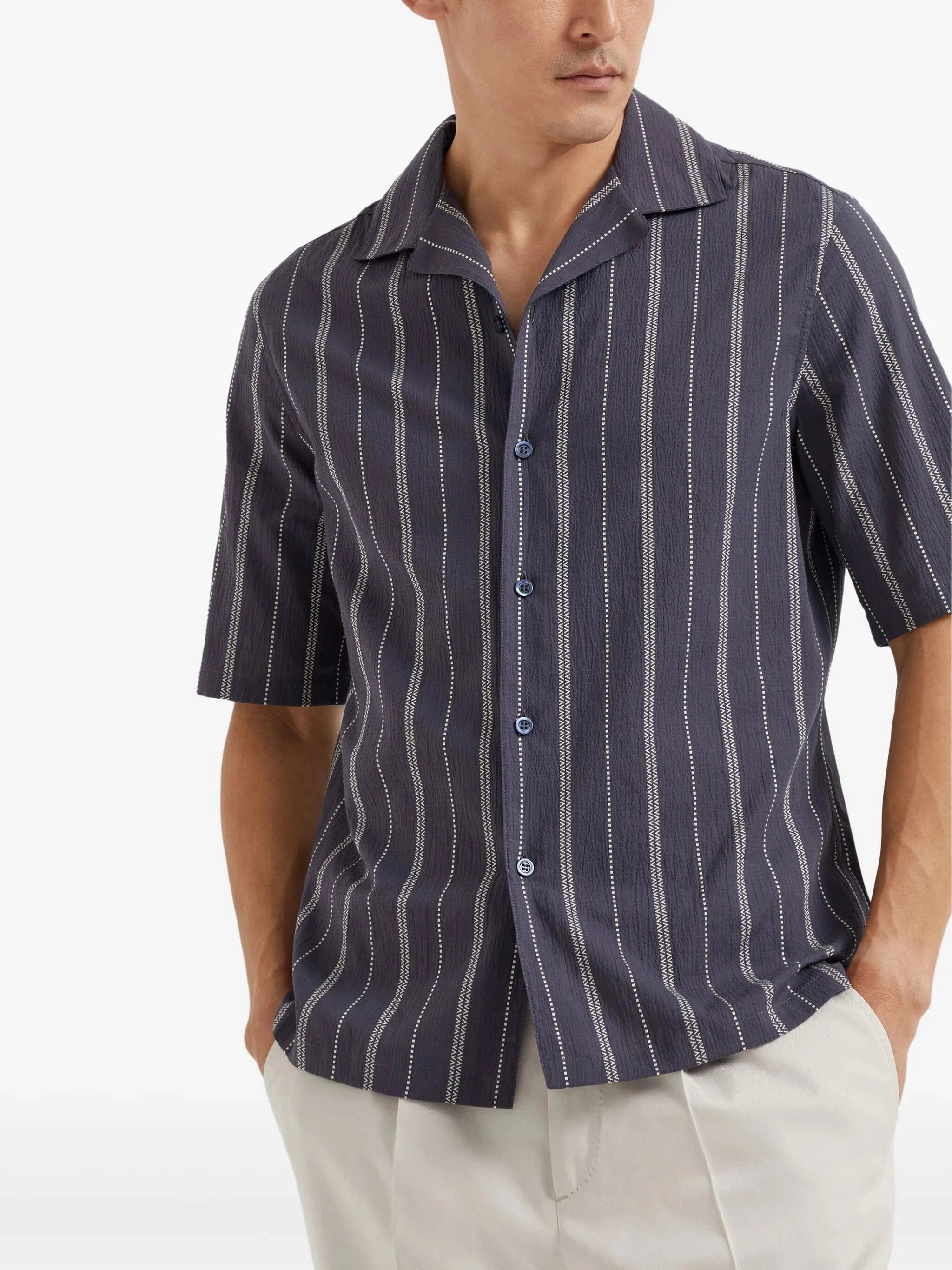 Brunello Cucinelli Textured Striped Short-Sleeve Shirt