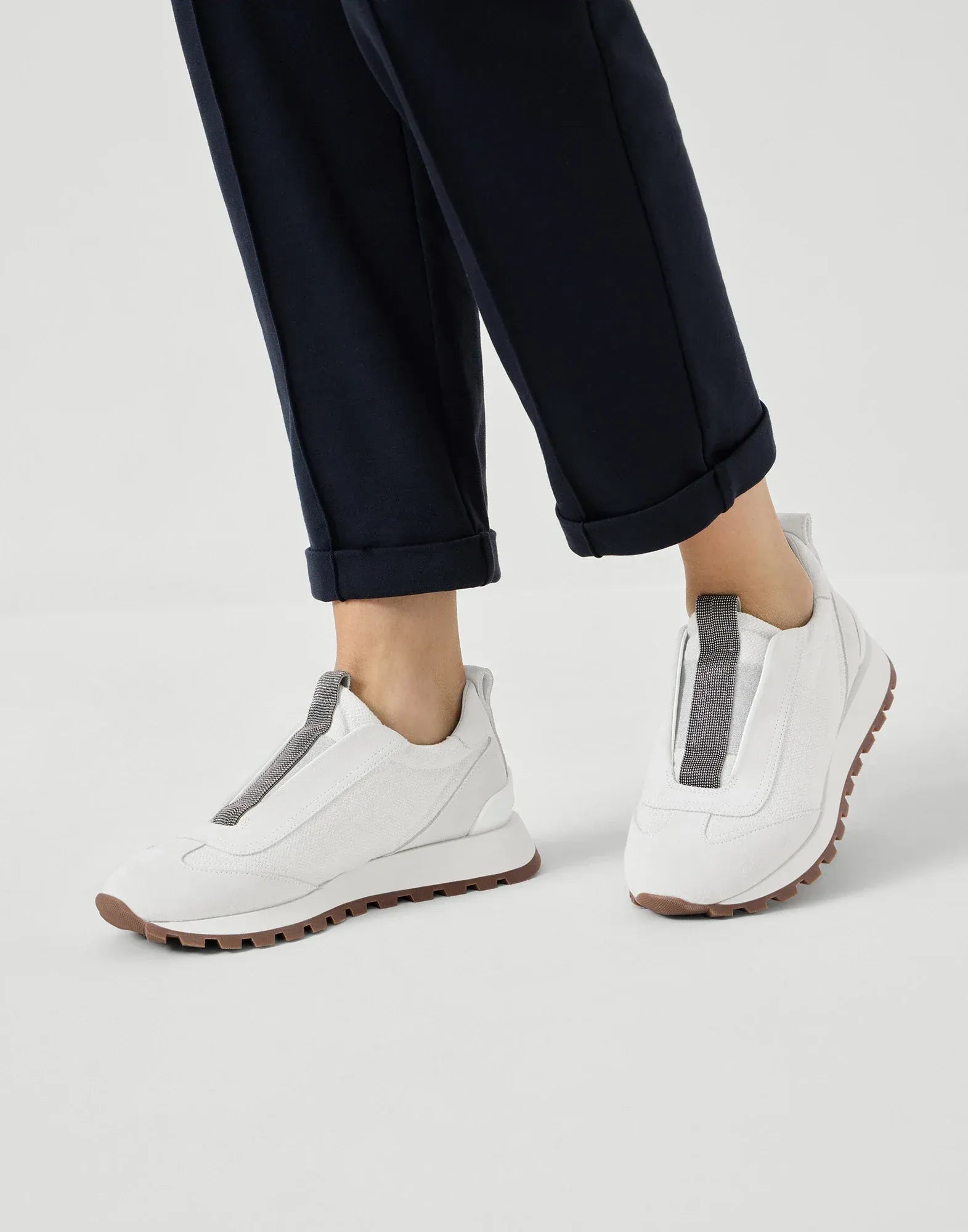 Brunello Cucinelli White Canvas Suede Precious Sneakers
