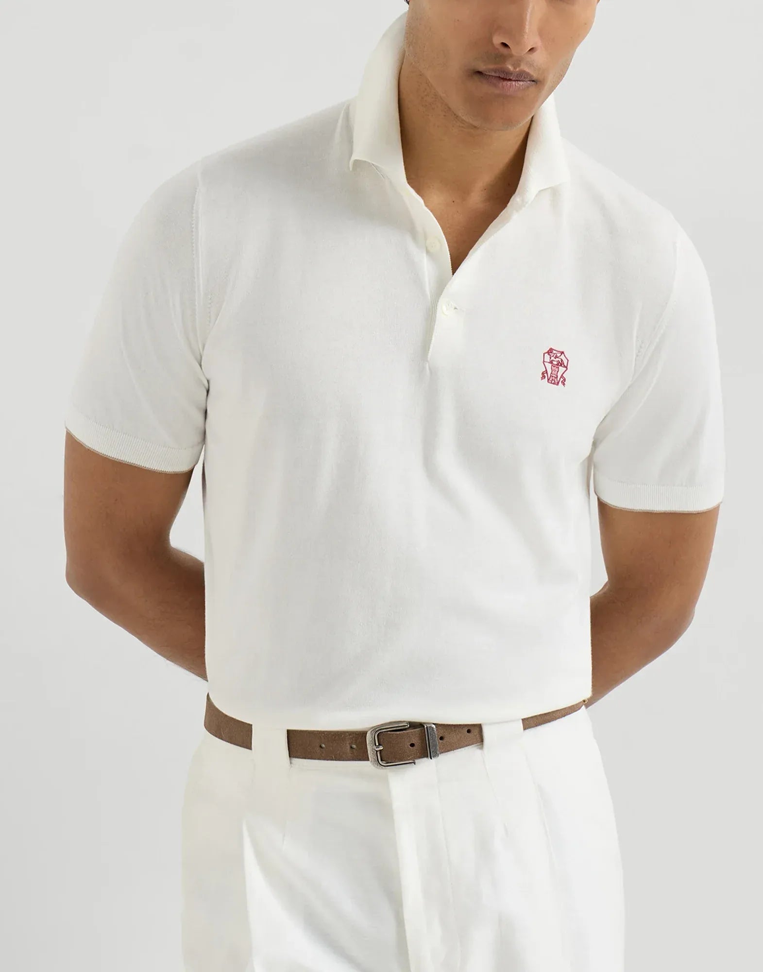 Camisa polo de malha de algodão branca com logo Brunello Cucinelli