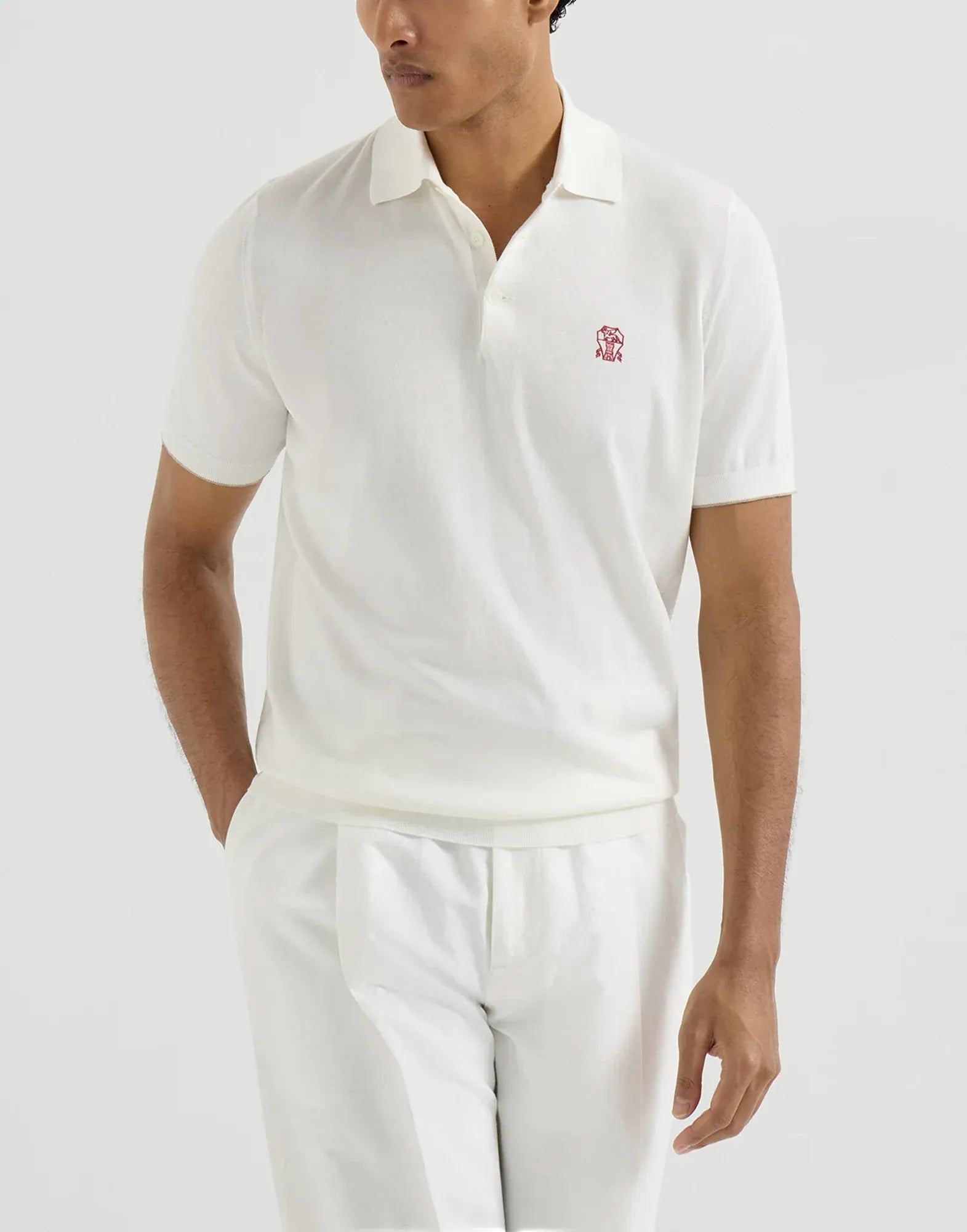 Camisa polo de malha de algodão branca com logo Brunello Cucinelli