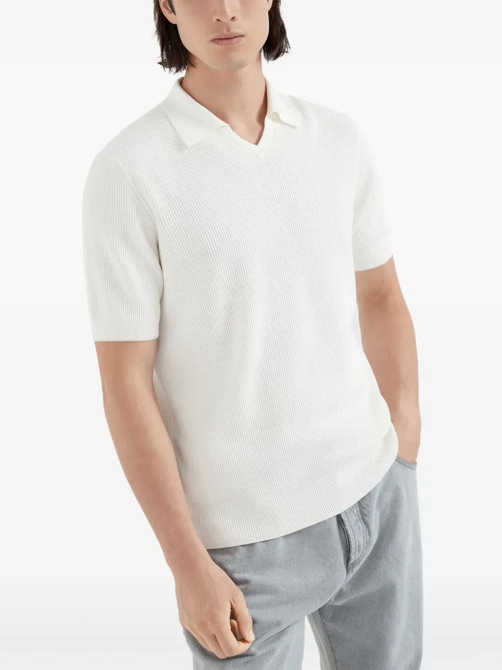 Brunello Cucinelli White Cotton Rib Knit Polo