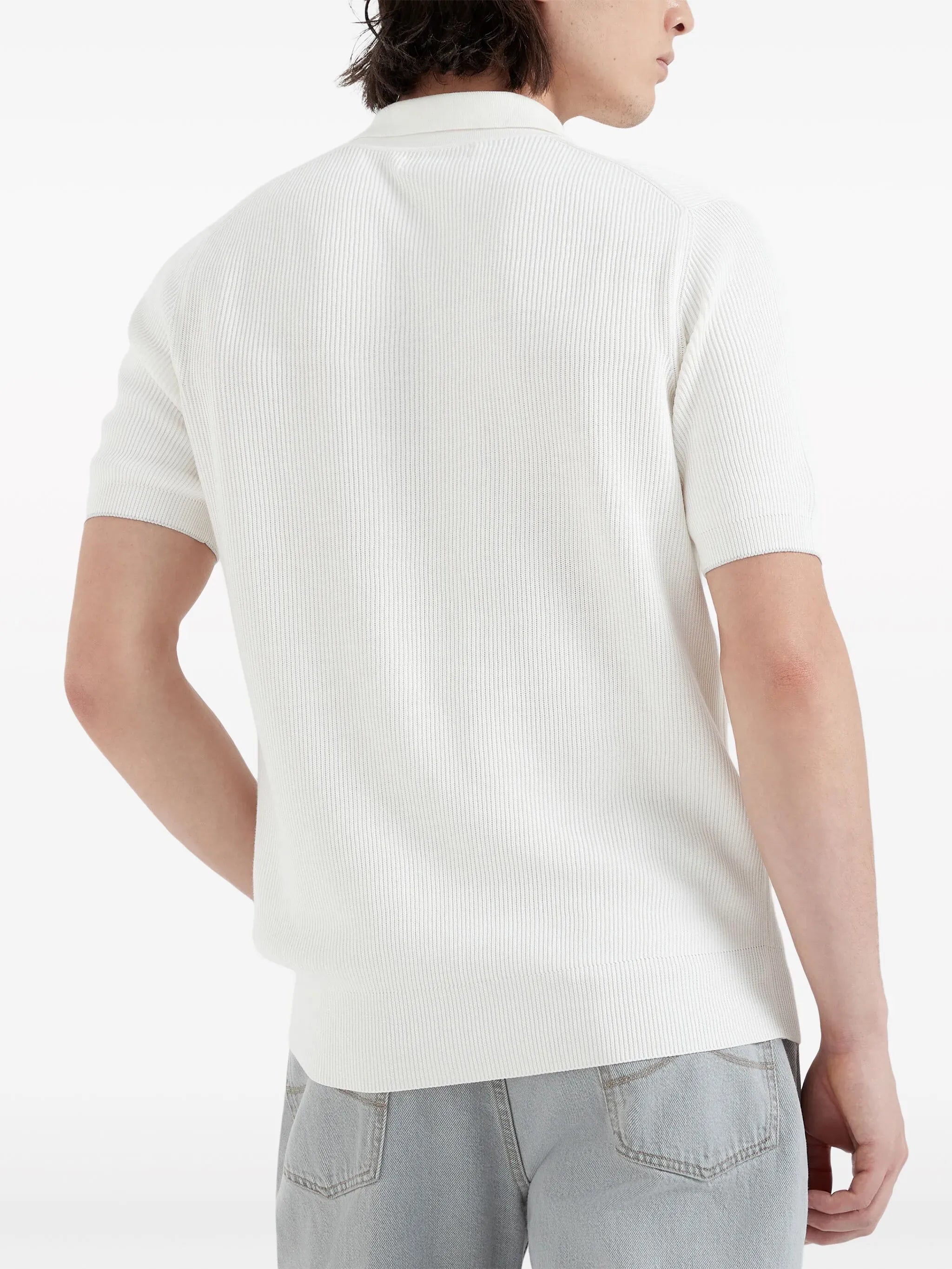 Brunello Cucinelli White Cotton Rib Knit Polo