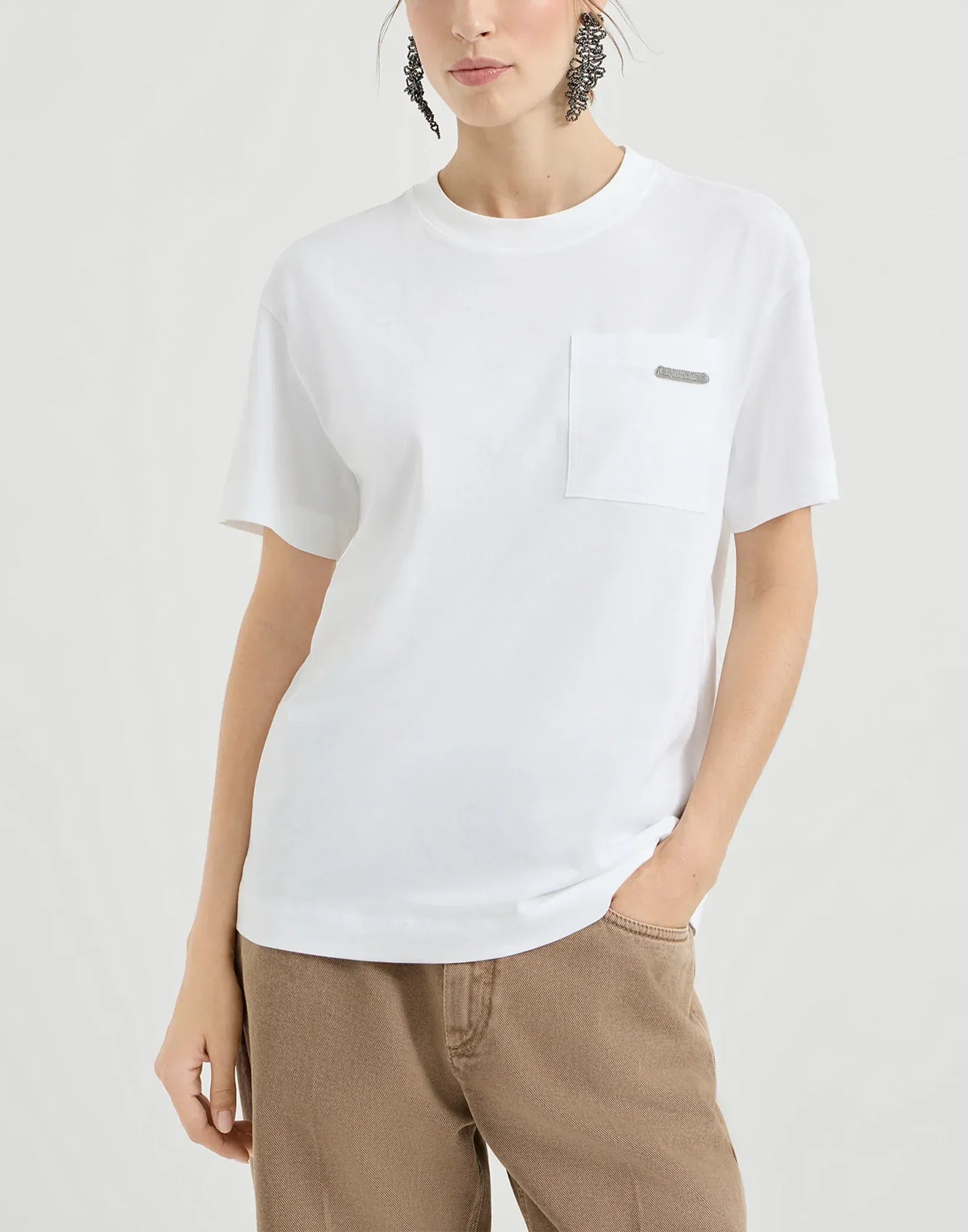 Brunello Cucinelli White Shiny Tab Jersey T-Shirt